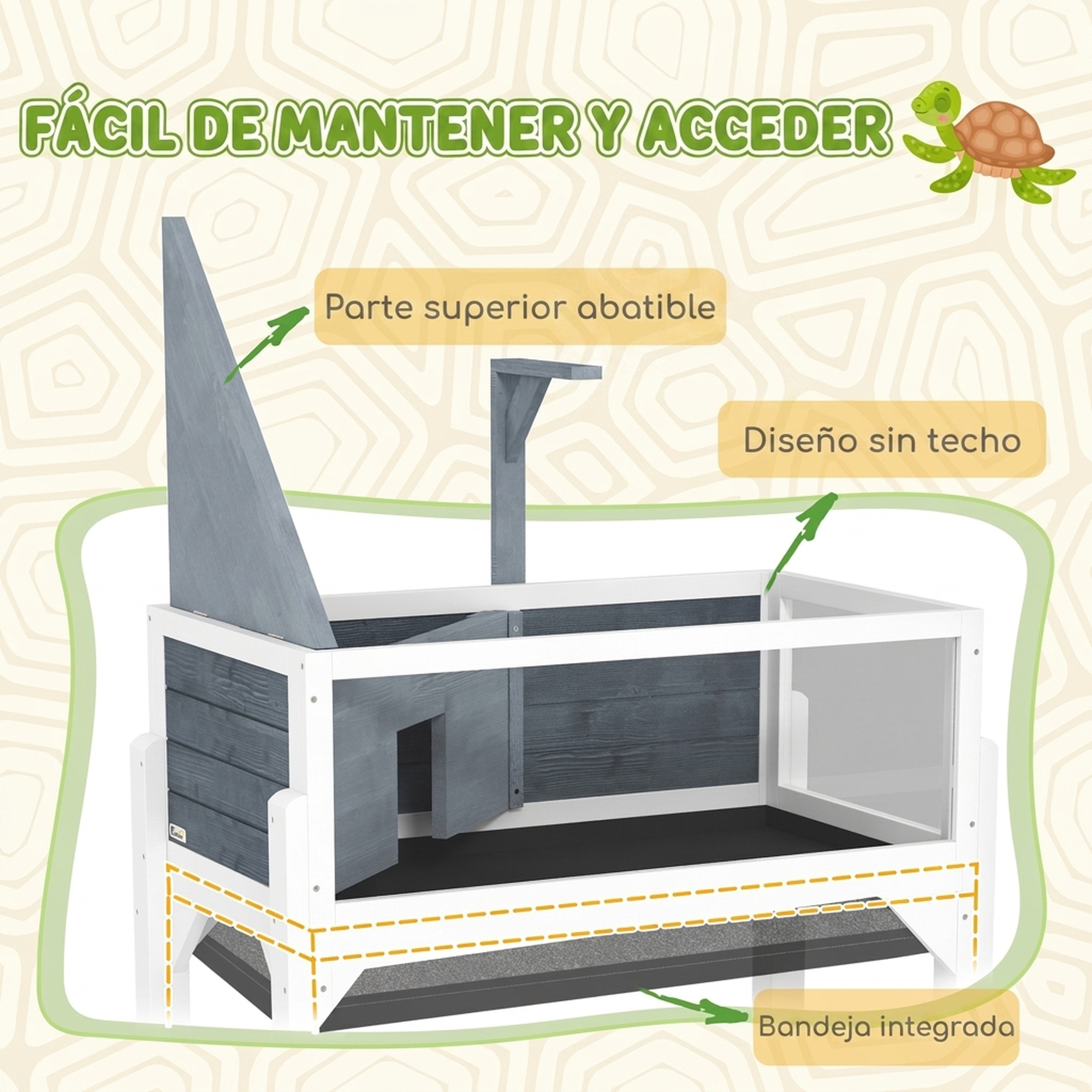 Recinto de madera para tortugas con parte superior abatible, diseño de techo abierto y bandeja integrada.