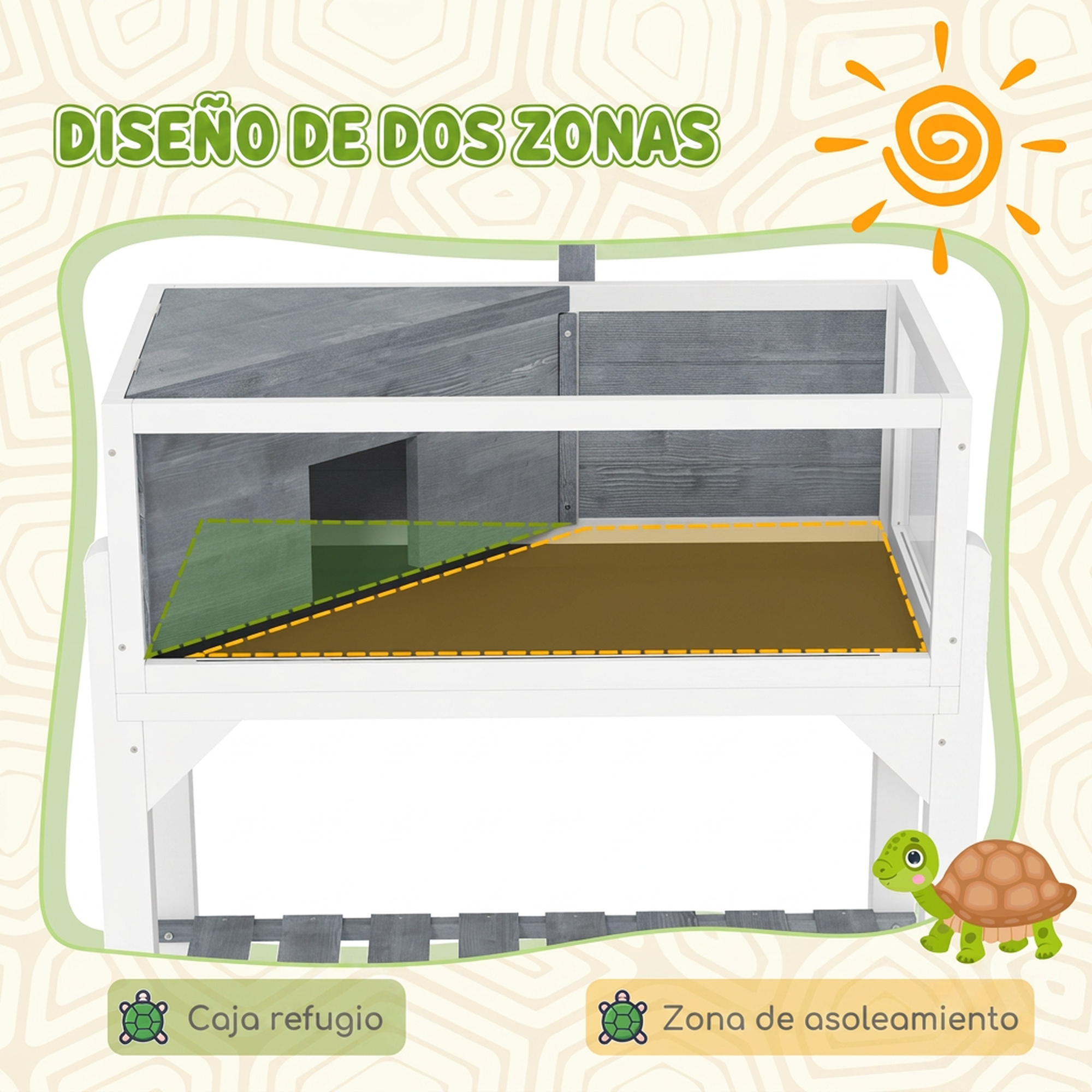 Un recinto para tortugas de dos zonas con refugio y zona de asoleamiento.
