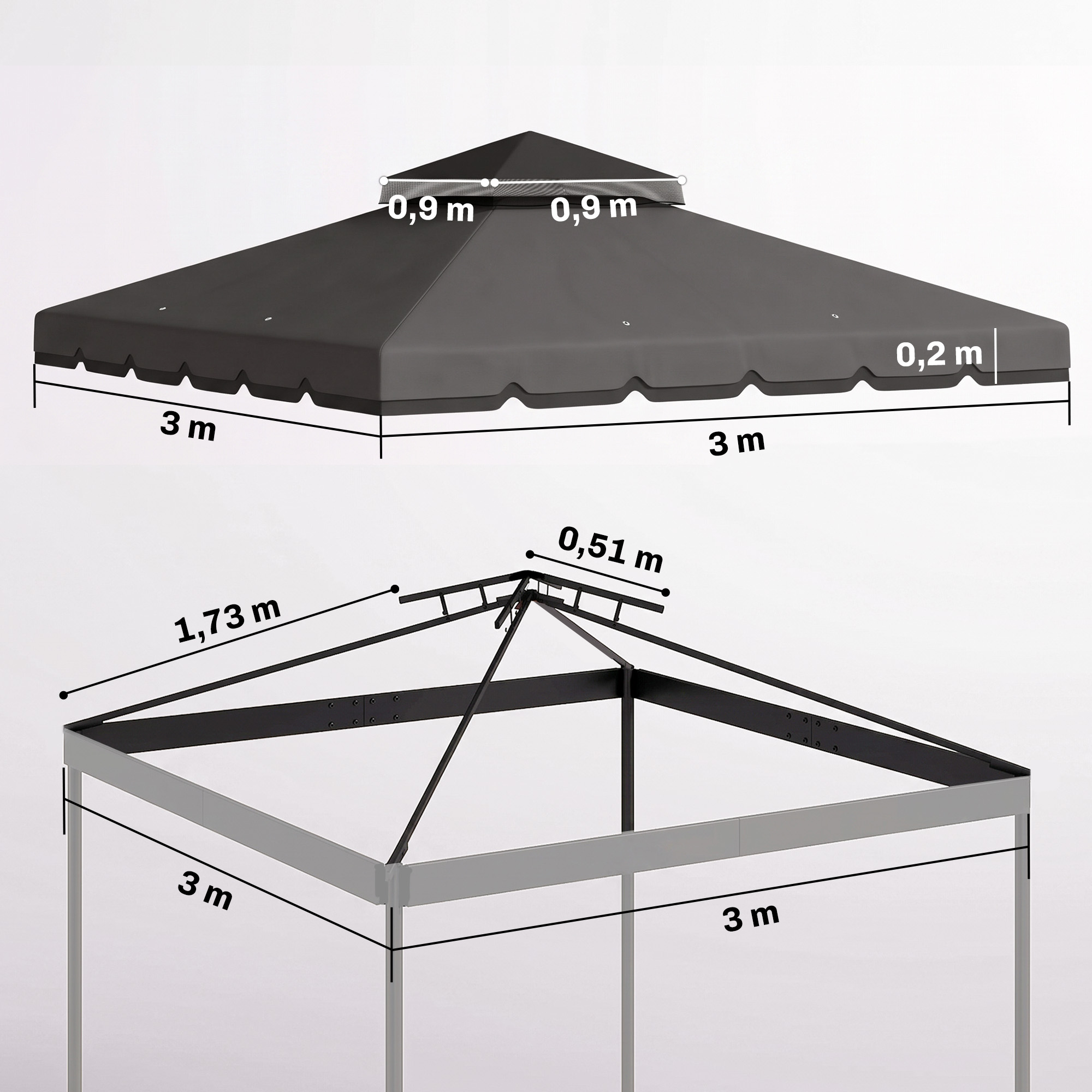 Diagrama que muestra las dimensiones de una glorieta de 3x3m en fondo blanco.