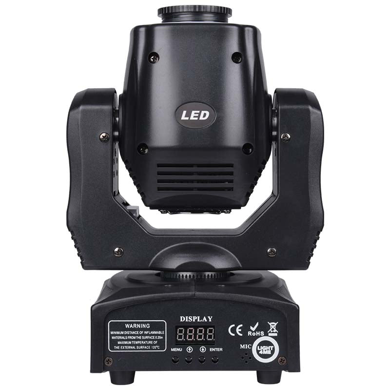 Schwarzer LED-Moving-Head-Scheinwerfer mit digitalem Display und Warnhinweisen auf der Basis gegen hellen Hintergrund.