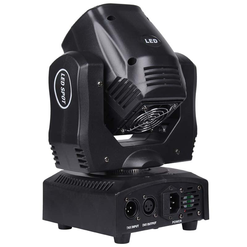 Schwarzer LED-Moving-Head-Scheinwerfer mit DMX-Ein- und Ausgängen sowie Stromanschluss auf weißem Hintergrund.