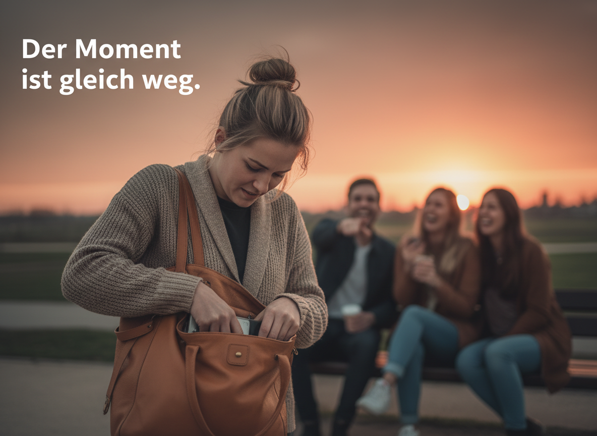 Eine Frau sucht im Sonnenuntergang in ihrer braunen Ledertasche, während Freunde im Hintergrund auf einer Bank sitzen.