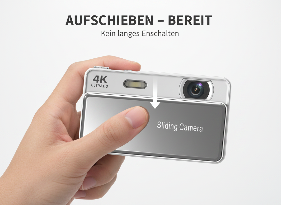 Eine Hand schiebt die Schutzabdeckung einer silbernen 4K Ultra HD Kompaktkamera nach unten.