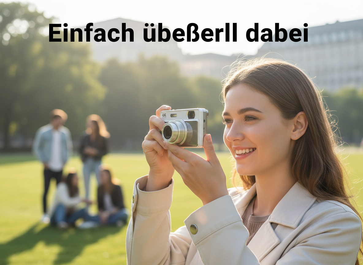Eine lächelnde Frau hält eine silberne Kompaktkamera im Park, im Hintergrund sind unscharfe Menschen.