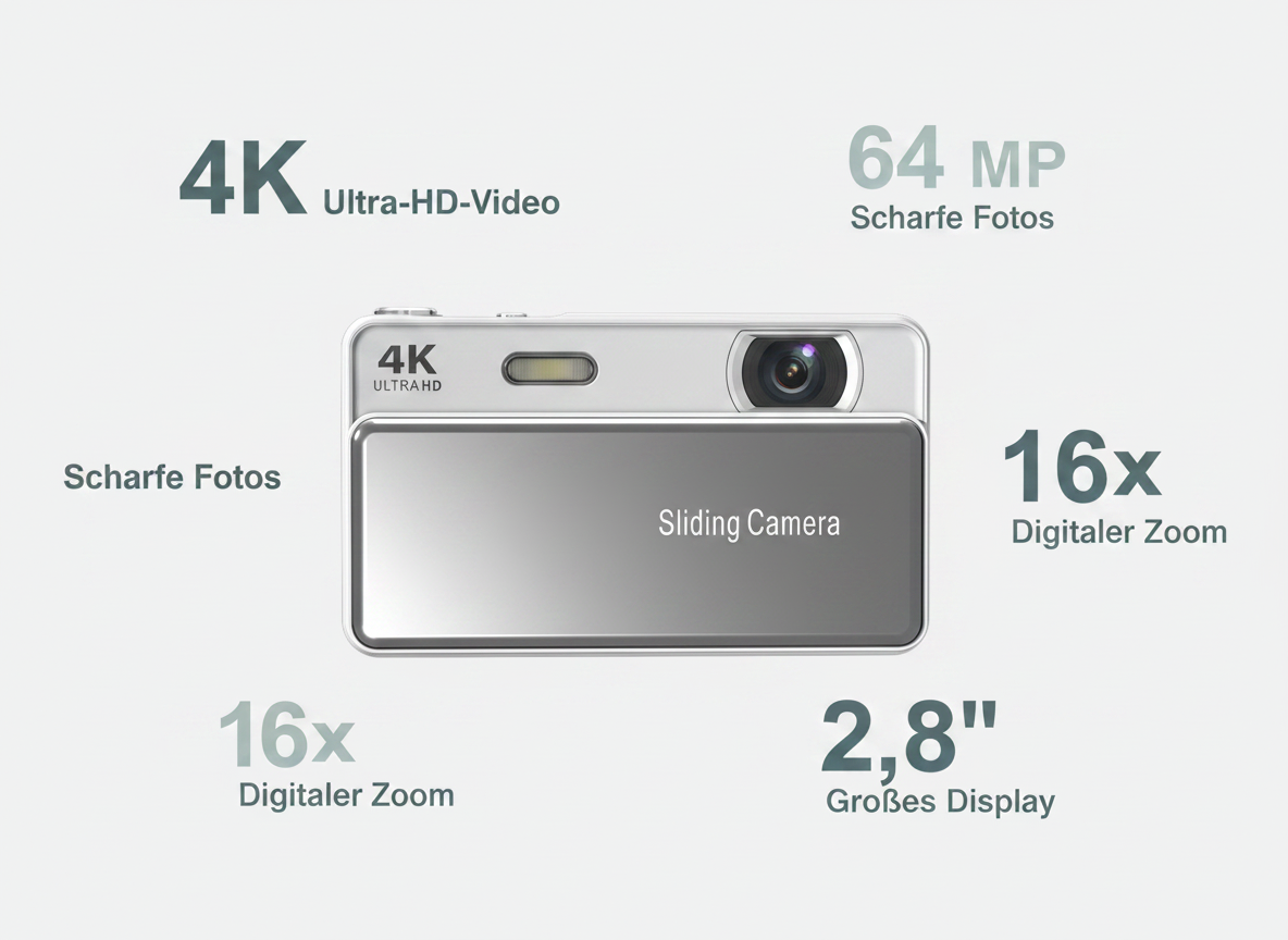 Eine weiße Digitalkamera mit Schiebeabdeckung und technischen Beschriftungen wie 4K Ultra-HD-Video.