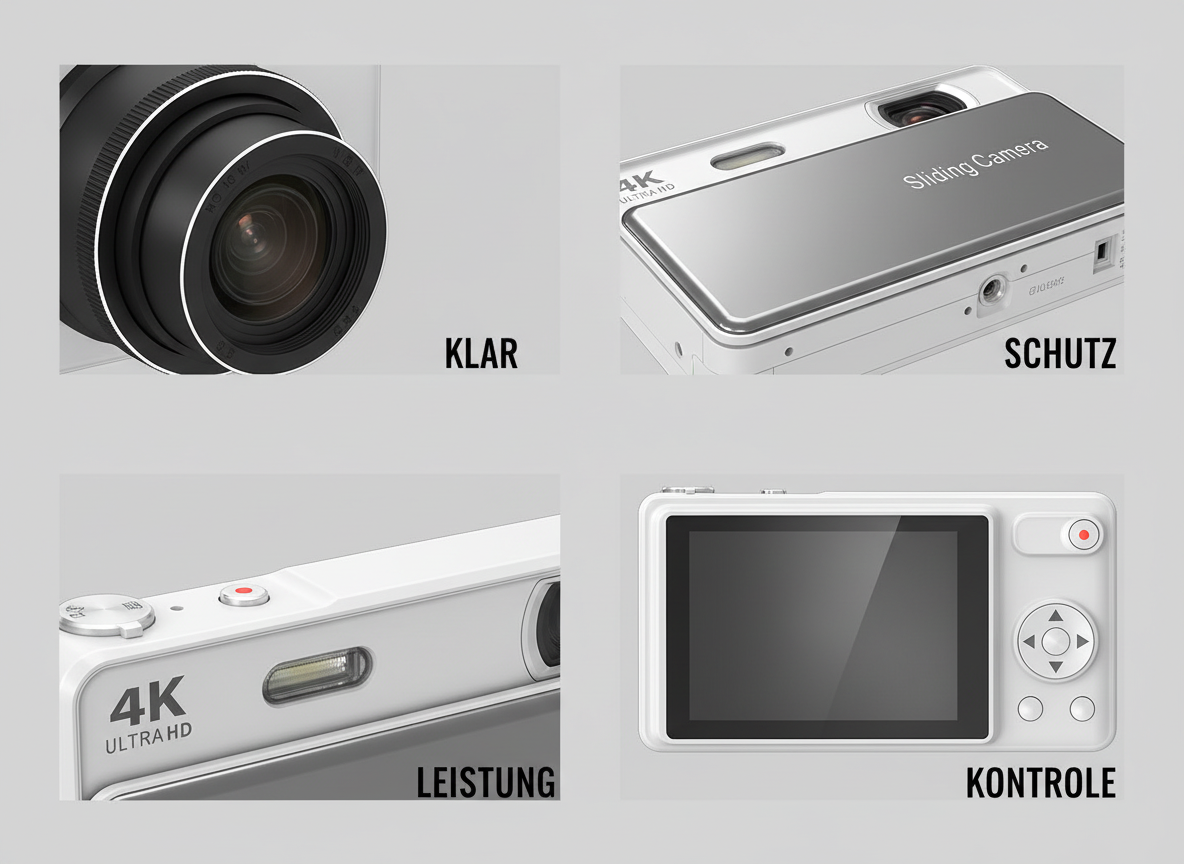 Vier Ansichten einer weißen 4K-Kamera mit Objektiv, Schiebeabdeckung, Blitz und Display.