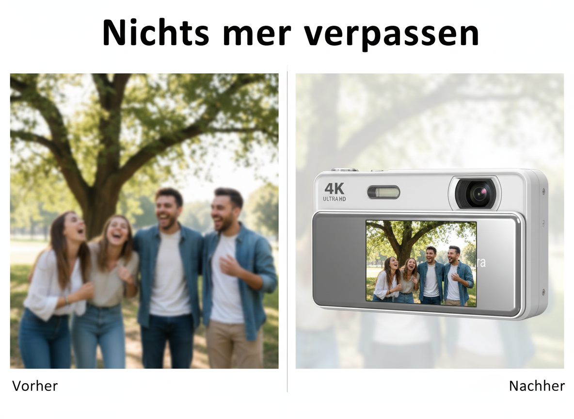 Vergleich mit einem verschwommenen Foto links und einer scharfen 4K-Kamera rechts, die dasselbe Motiv zeigt.
