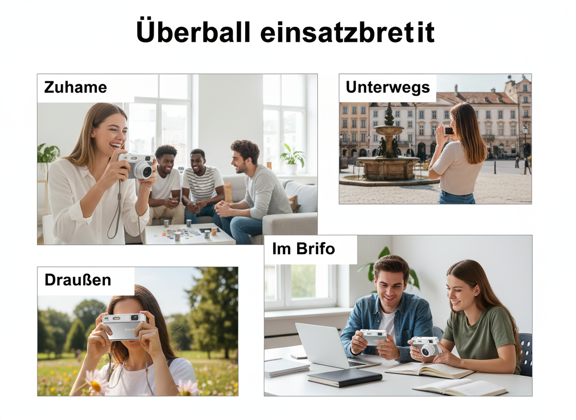 Collage zeigt Menschen, die Kameras nutzen, zu Hause, unterwegs, draußen und im Büro.