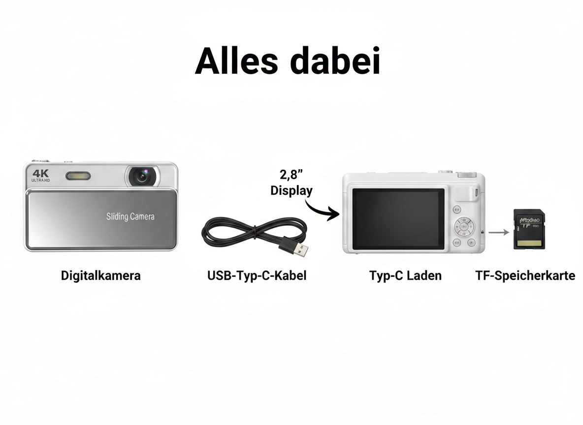 Digitalkamera, USB-C-Kabel und TF-Speicherkarte im Set.