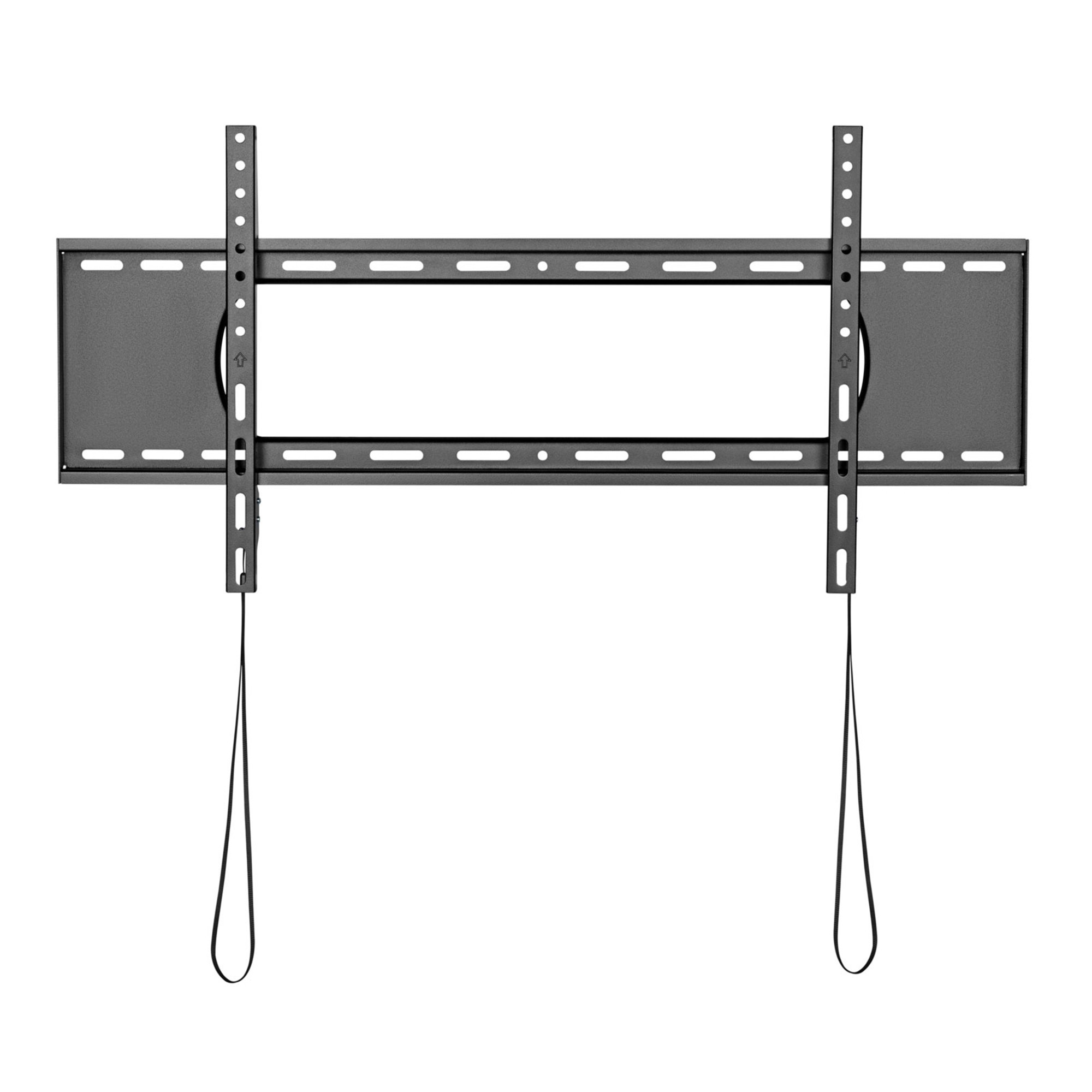 Schwarze TV-Wandhalterung mit horizontalen Schlitzen und zwei hängenden Gurten auf weißem Hintergrund.