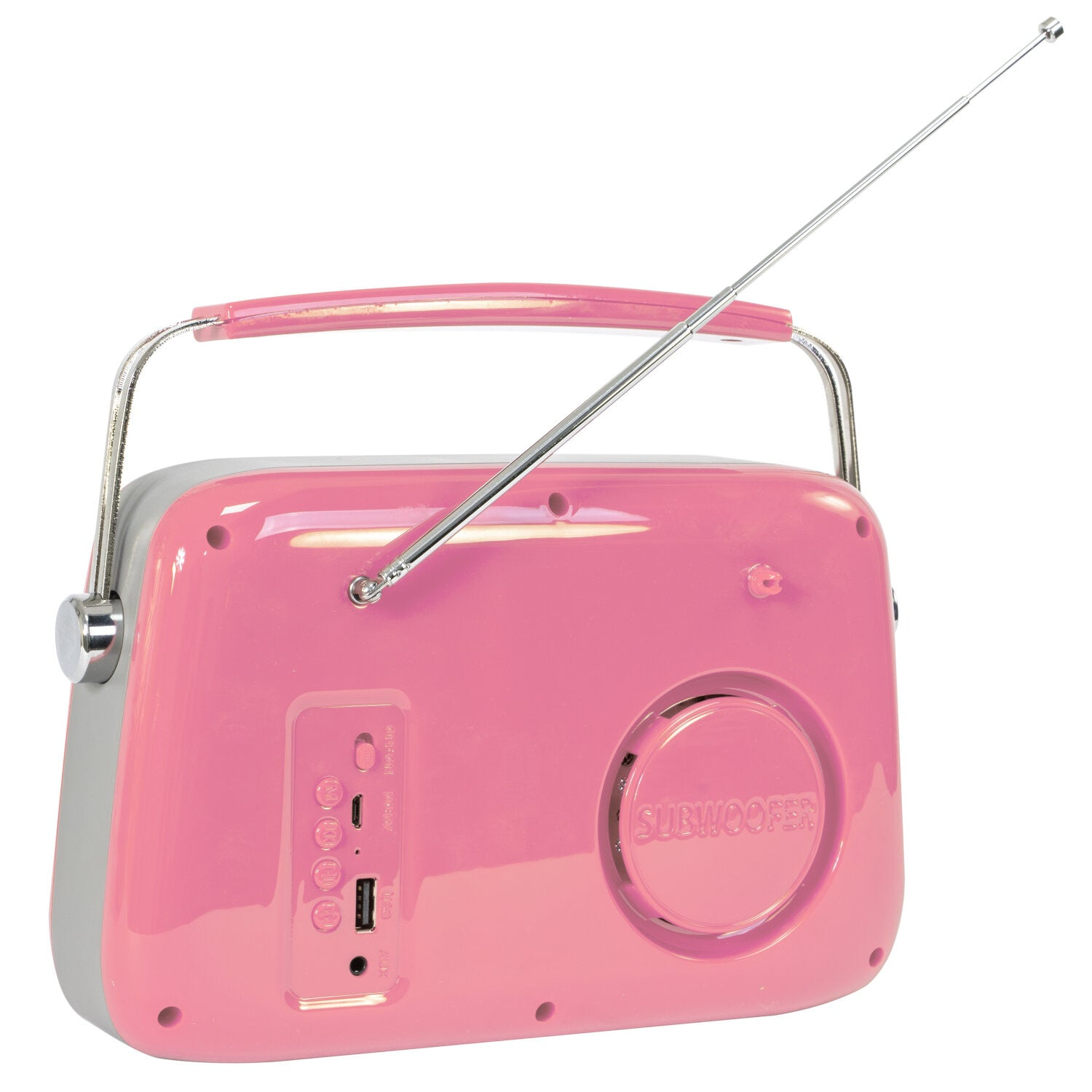 Radio rosa e grigia con antenna estensibile e maniglia su sfondo bianco.