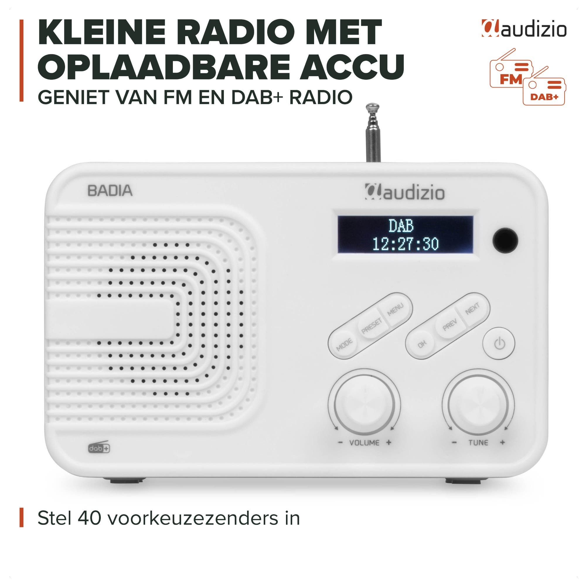 Una radio DAB+ Audizio Badia blanca con rejilla de altavoz, pantalla LCD, botones y dos perillas.