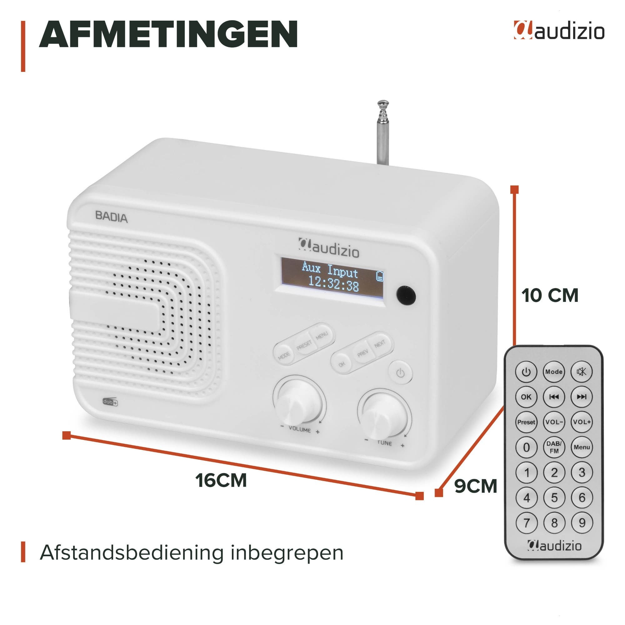 Radio blanca Audizio Badia con dimensiones de 16x10x9 cm y un control remoto.