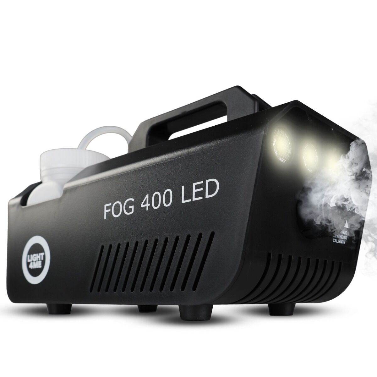 Czarna wytwornica dymu FOG 400 LED ze światłami i dymem na białym tle.