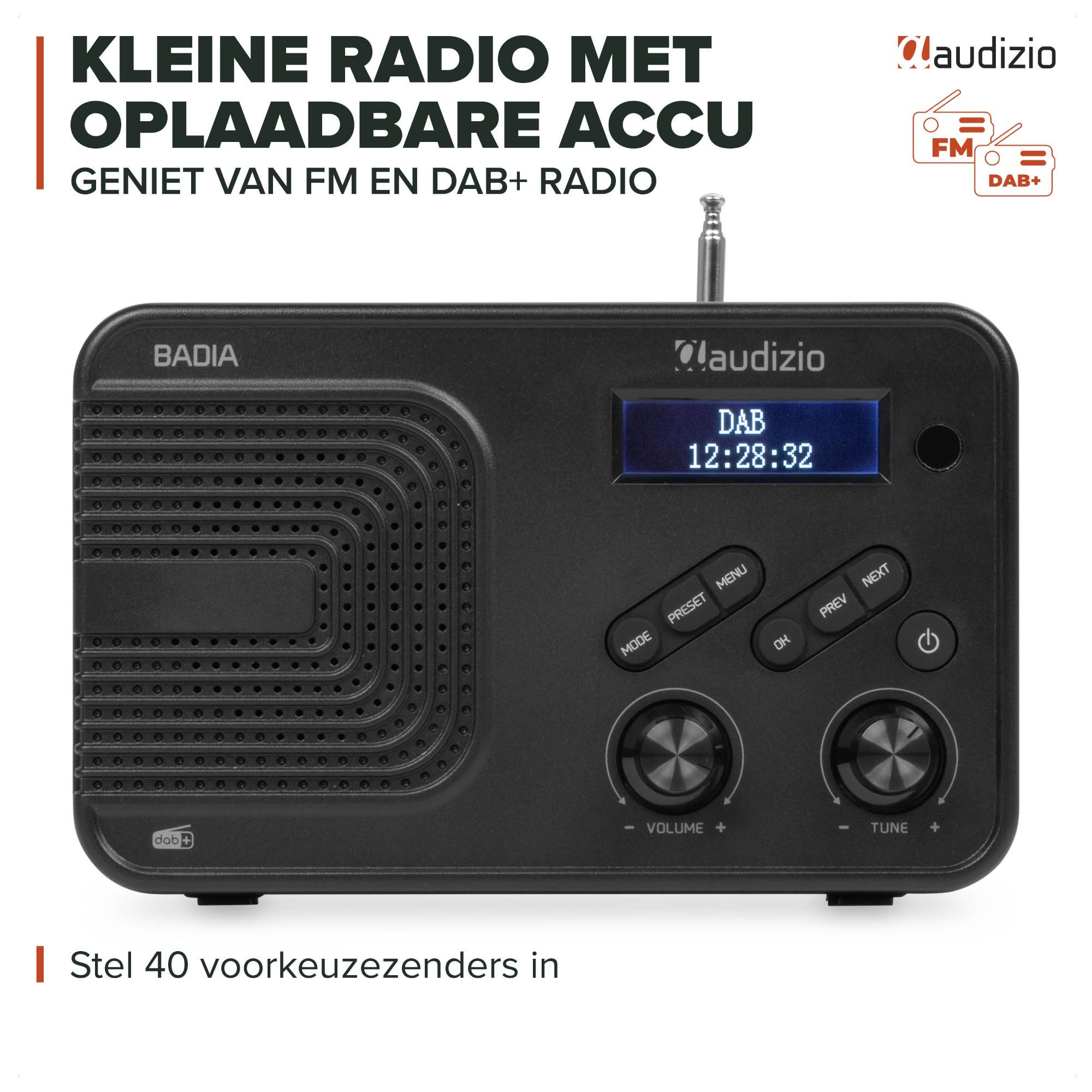 Radio negra Audizio Badia con pantalla, botones, altavoz y antena telescópica.