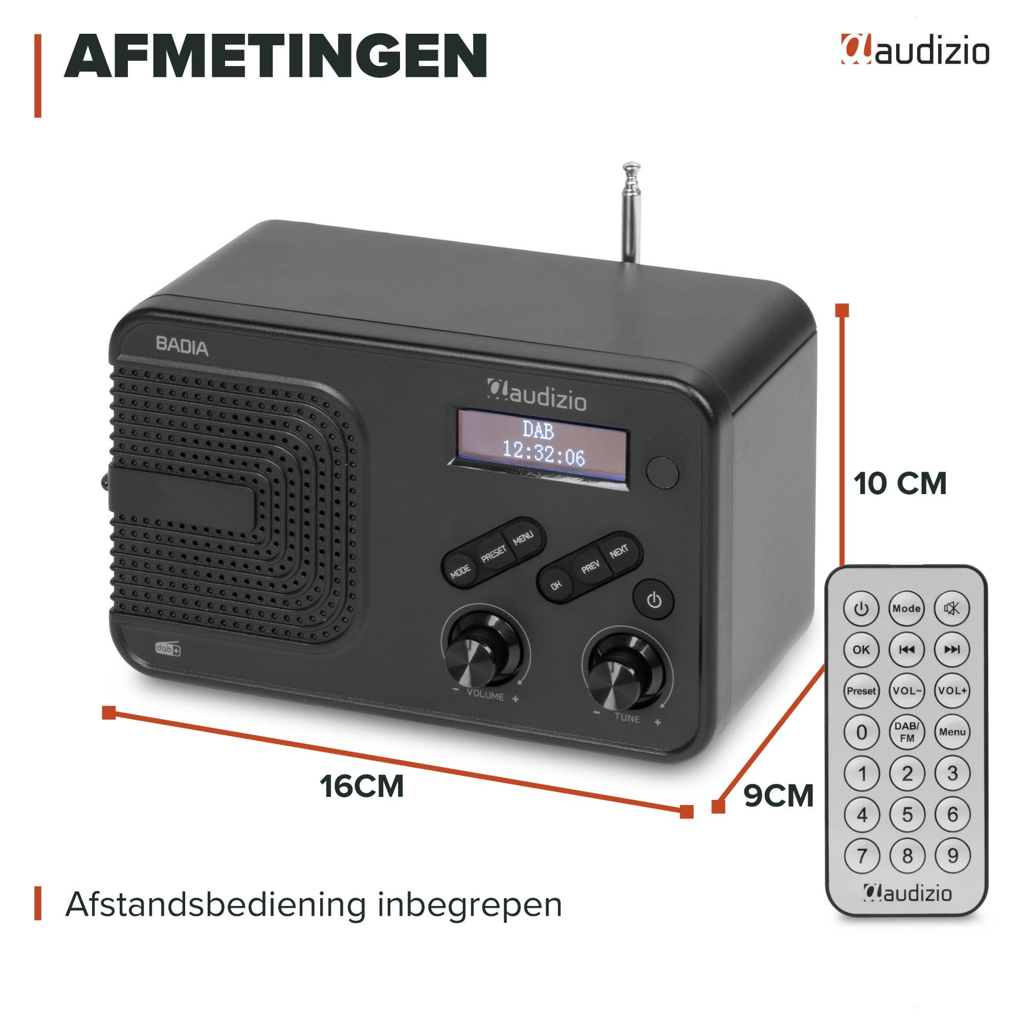 Radio DAB Audizio Badia negra con dimensiones de 16x10x9 cm y un mando a distancia.