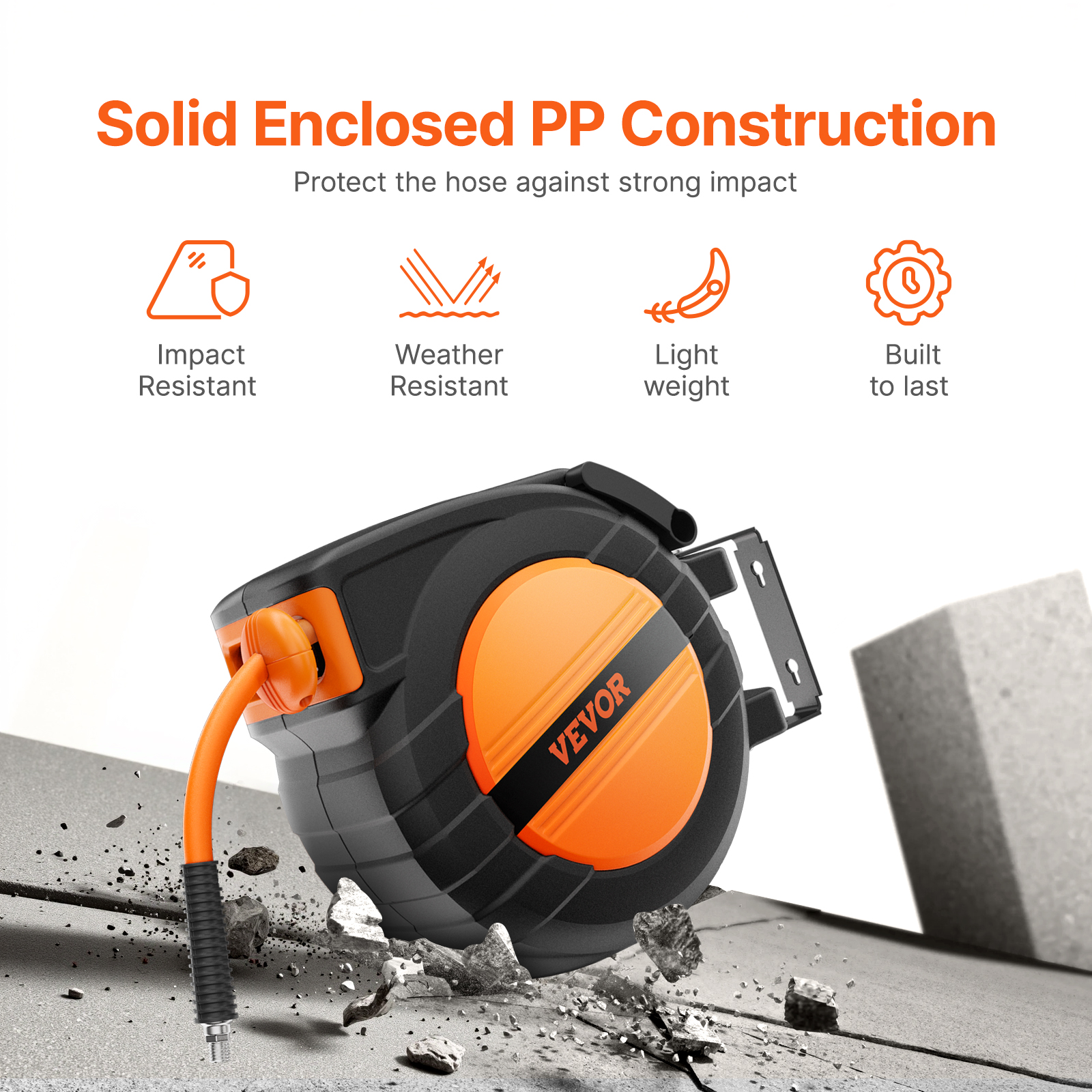 Carrete de manguera VEVOR negro y naranja con iconos de resistencia a impactos, a la intemperie, ligereza y durabilidad.