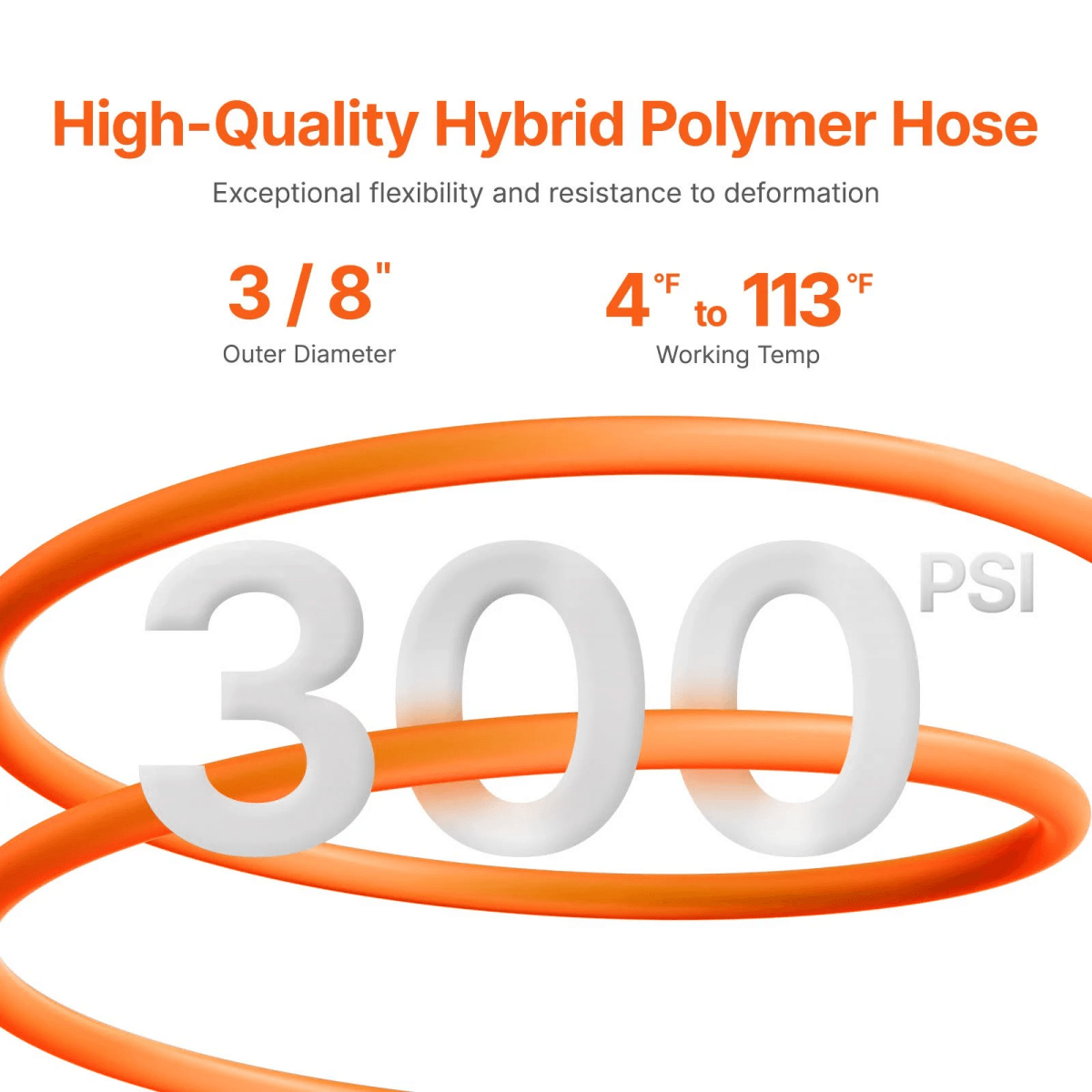 Anuncio de manguera de polímero híbrido naranja de 3/8 pulgada, temperatura de 4 a 113 F y 300 PSI.