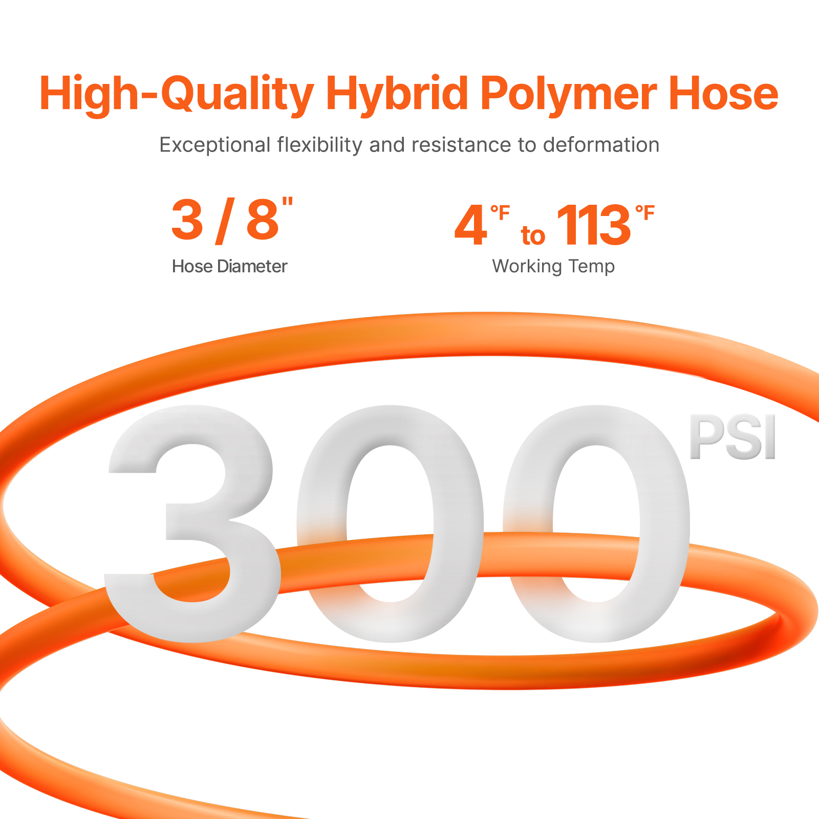 Gráfico de producto de una manguera de polímero híbrido naranja de 3/8 pulgadas y 300 PSI.