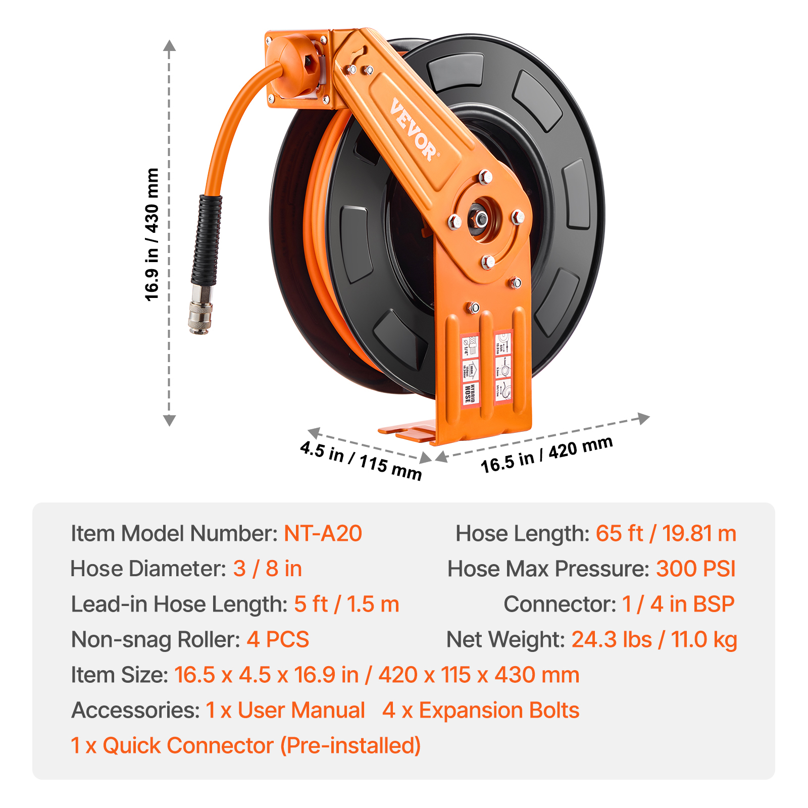 Un carrete de manguera naranja y negro con flechas de dimensión y especificaciones.
