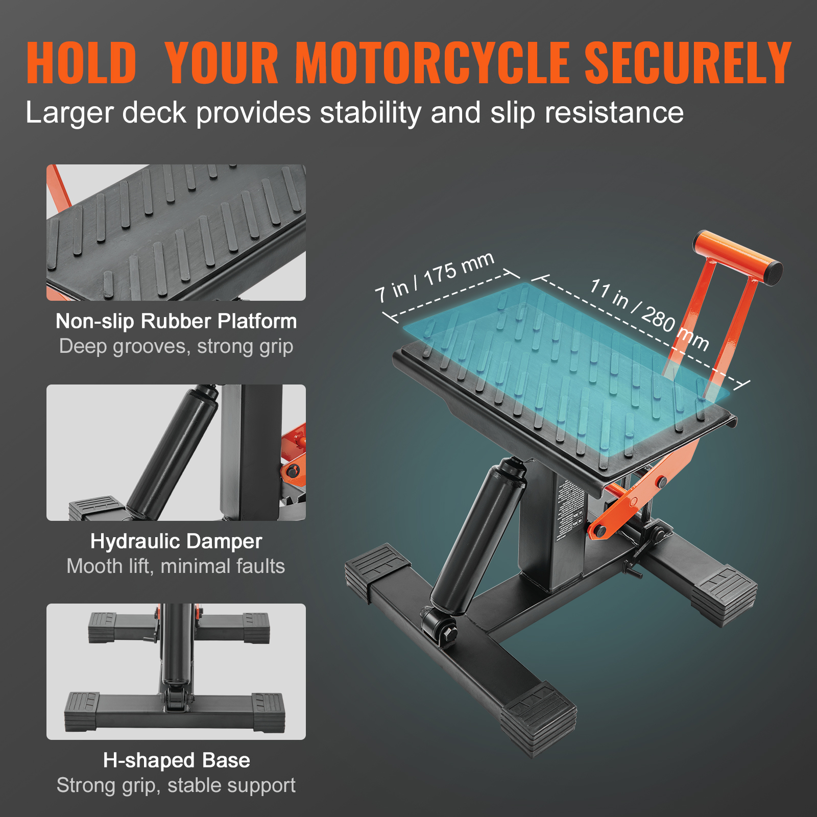 Un soporte elevador de motocicletas naranja y negro con plataforma de goma antideslizante, amortiguador hidráulico y base en H.