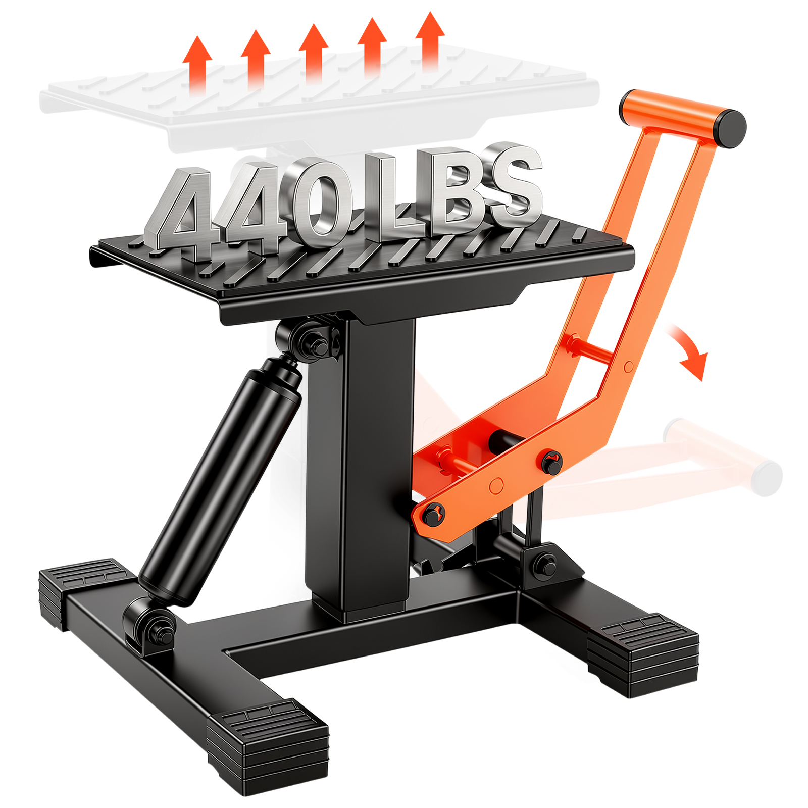Elevador hidráulico para motocicletas negro y naranja con capacidad de 440 lbs.