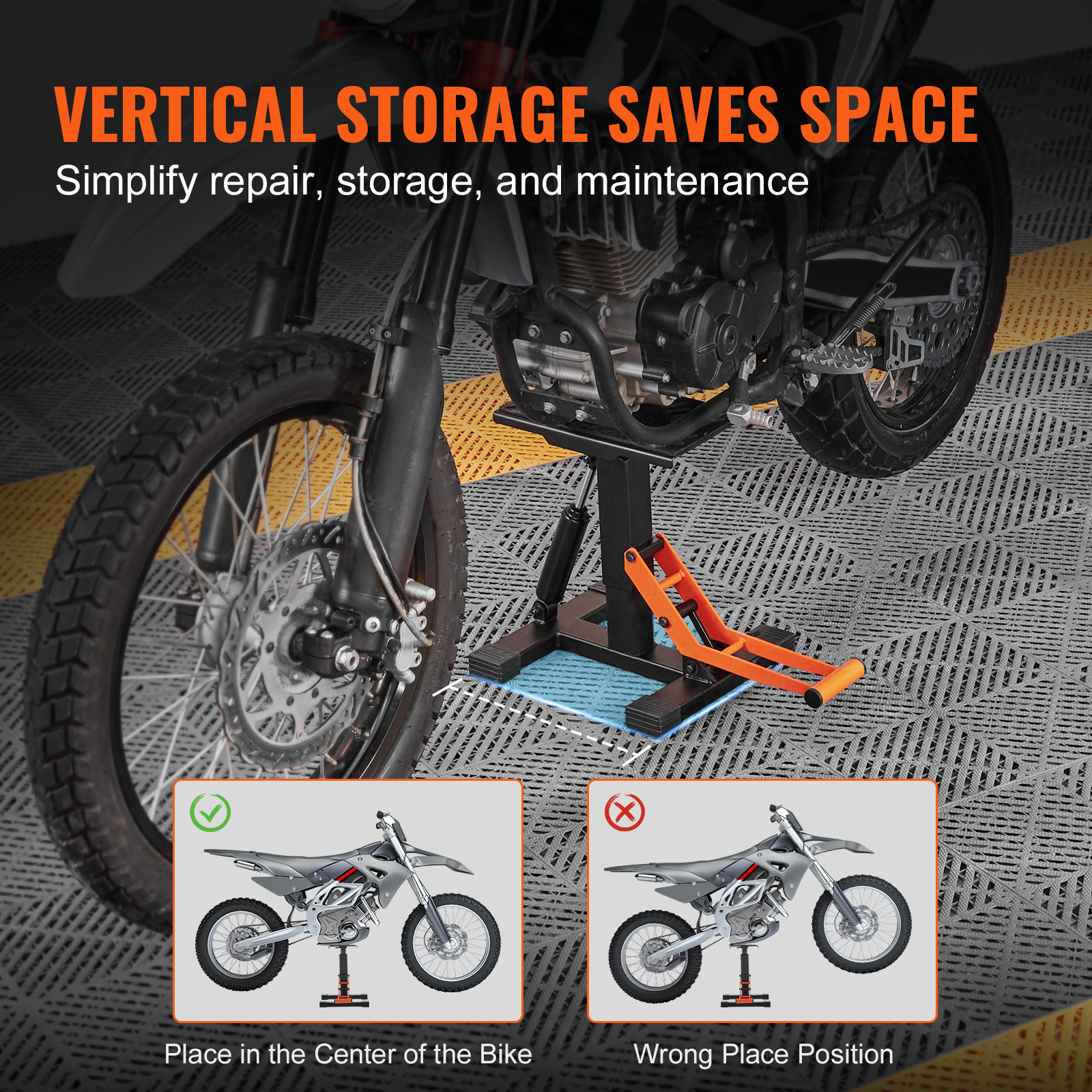 Una moto de cross en un soporte elevador naranja y negro con diagramas explicativos abajo.