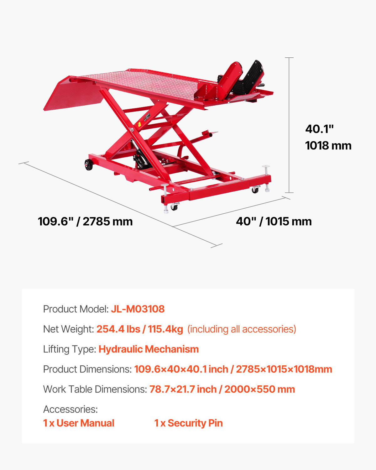Elevador hidráulico rojo para motos con dimensiones y especificaciones.