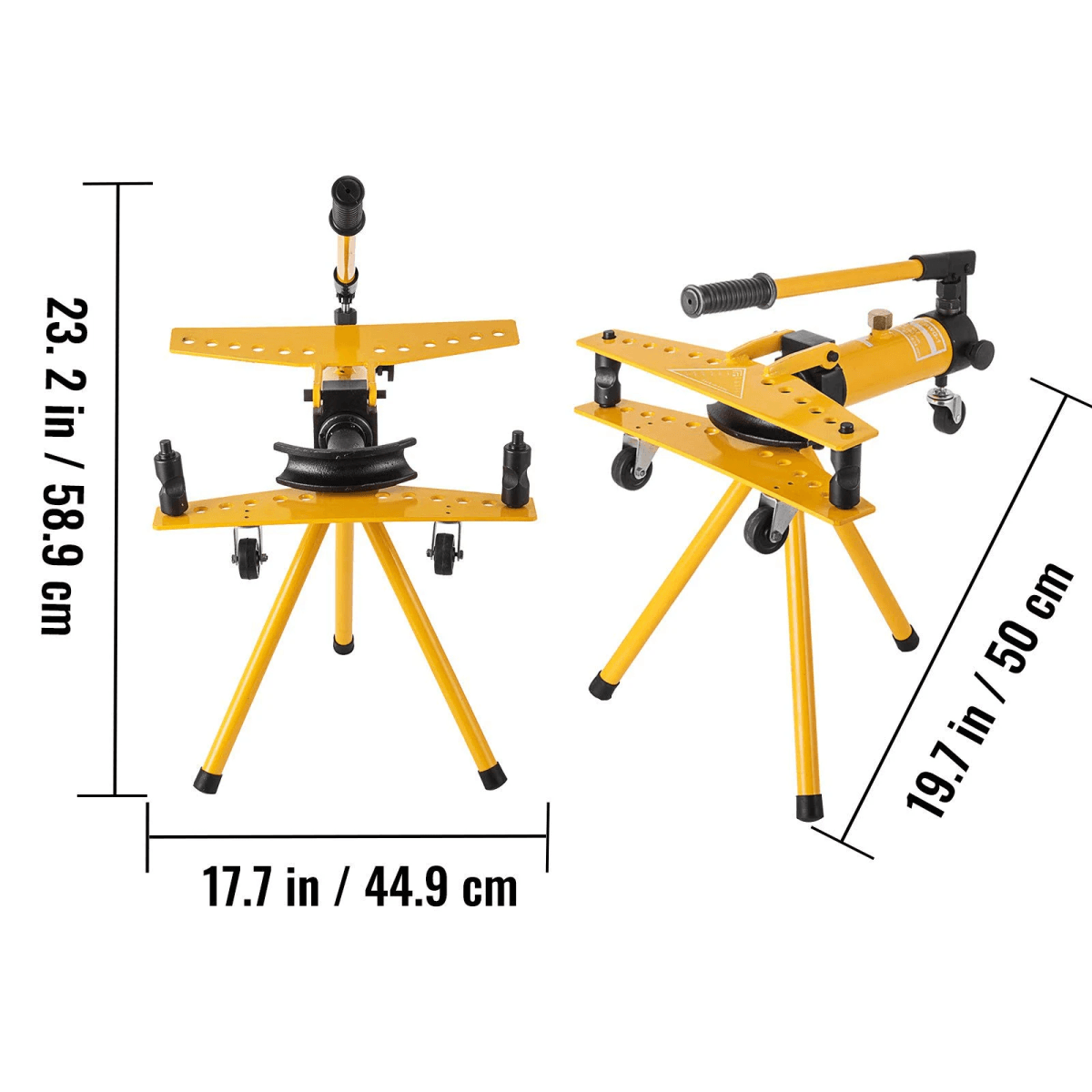 Doblatubos de metal amarillo con patas de trípode y etiquetas de dimensiones.