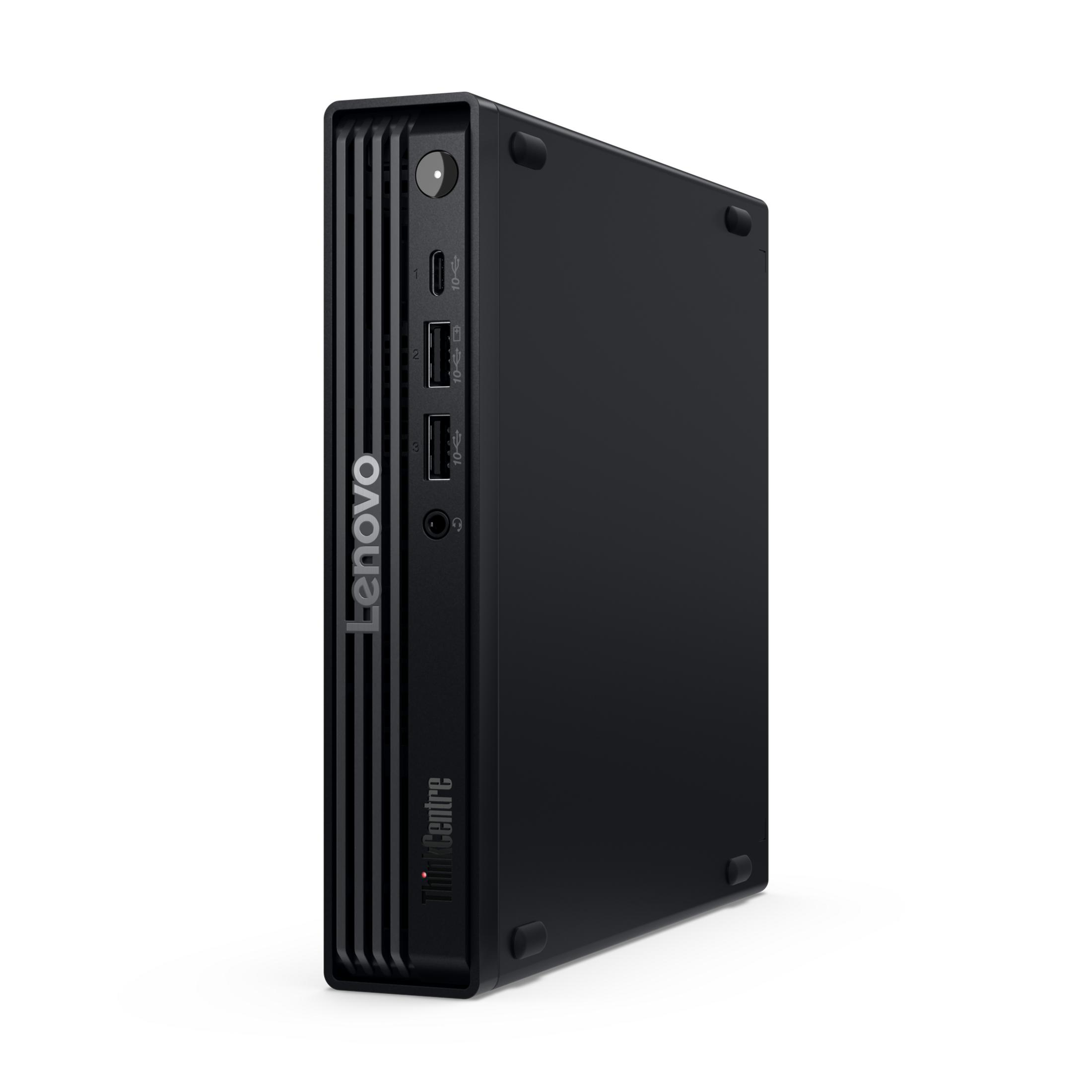 Schwarzer Lenovo ThinkCentre Mini-PC auf weißem Hintergrund mit USB-Anschlüssen auf der Vorderseite.