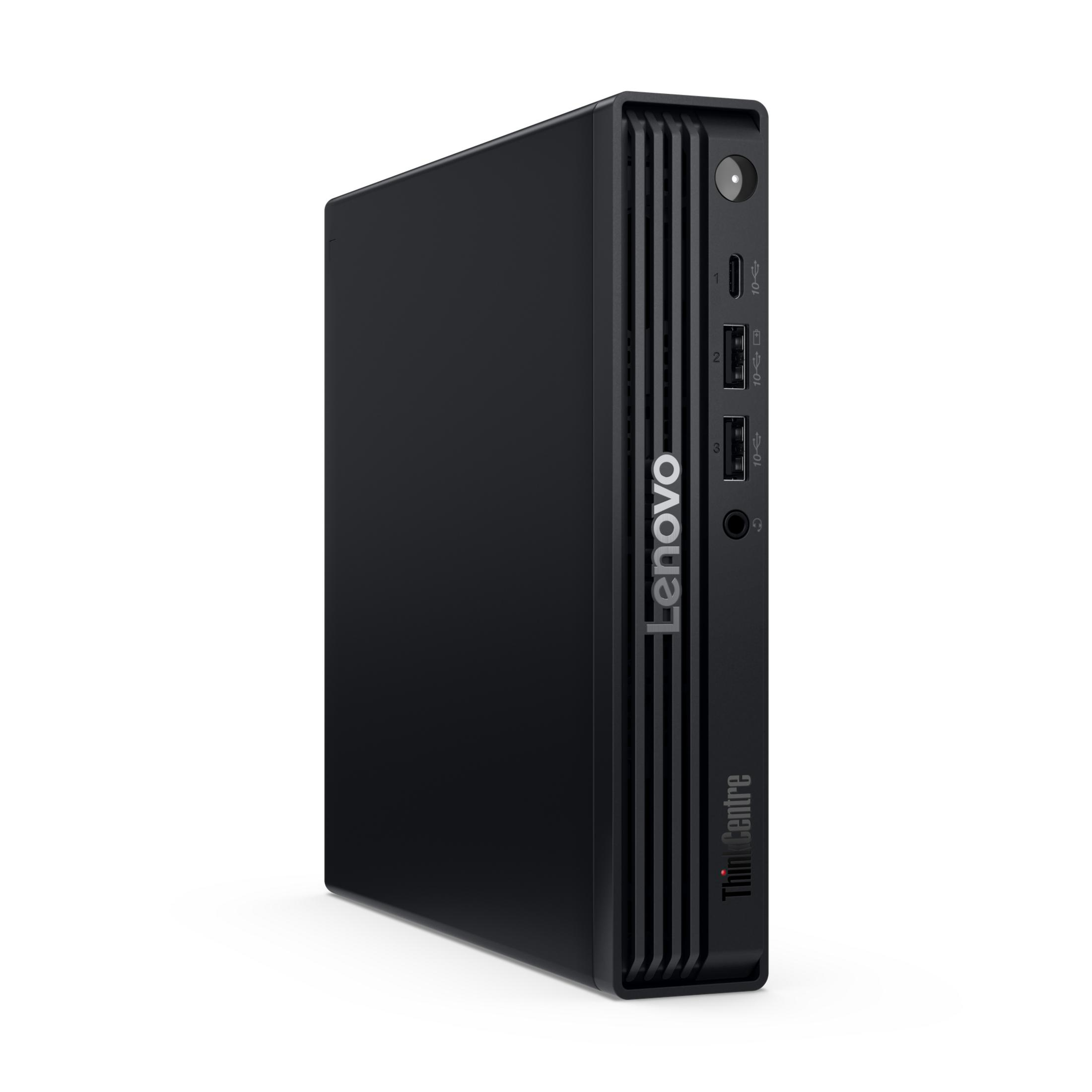 Ein schwarzer Lenovo ThinkCentre Mini-PC steht auf einer weißen Oberfläche und zeigt Frontanschlüsse.