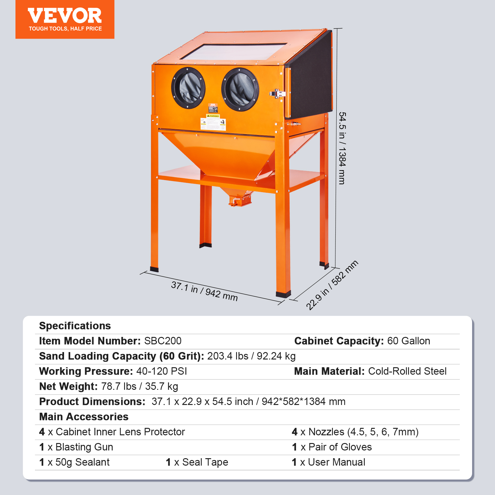 Cabina de arenado naranja en un soporte con guantes integrados y ventana de visualización, incluyendo dimensiones y especificaciones.