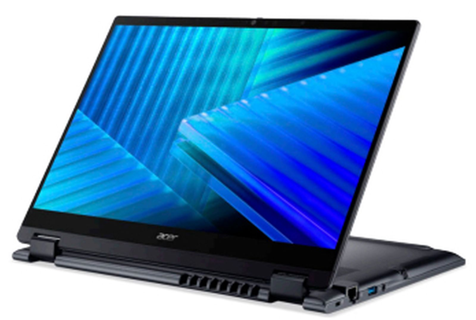 Ein schwarzer Acer-Laptop in Tent-Position zeigt ein blaues Hintergrundbild.