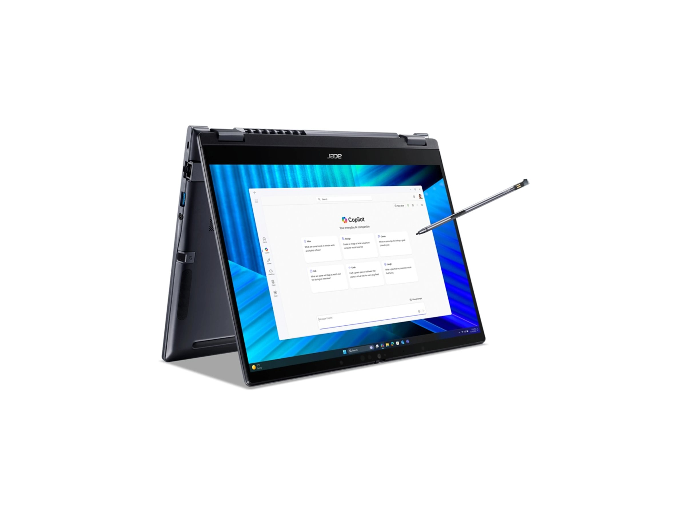 Ein schwarzes Acer-Laptop in Zeltform mit blauem Bildschirm und Eingabestift auf weißem Hintergrund.