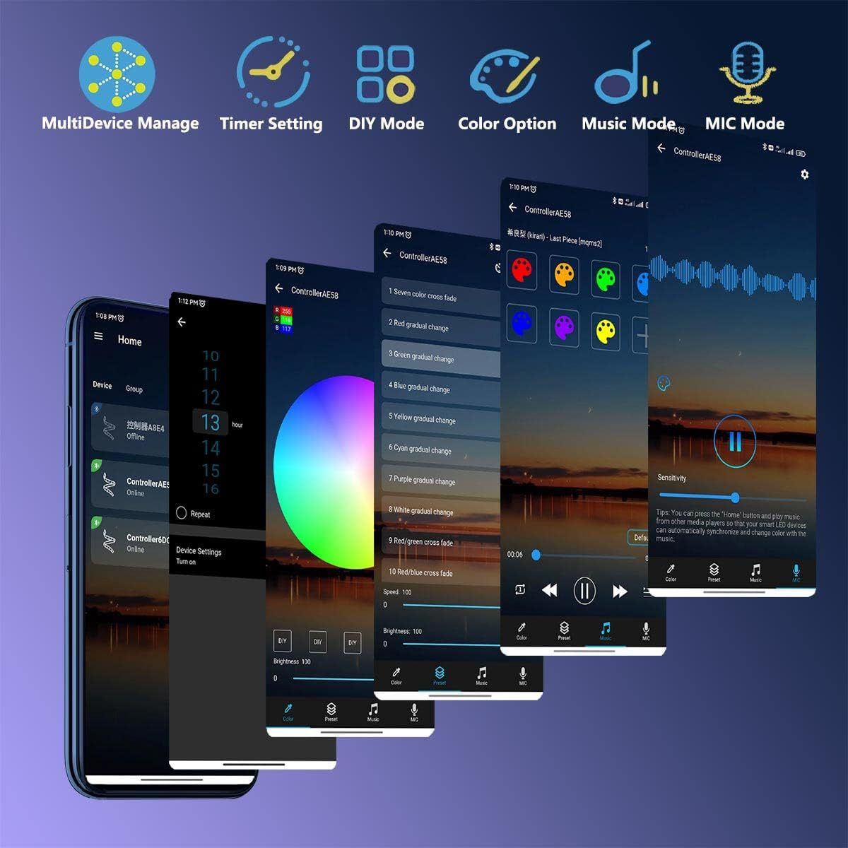 Smartphone-Bildschirme zeigen verschiedene Steuerungsoptionen und Menüs einer LED-Licht-App.