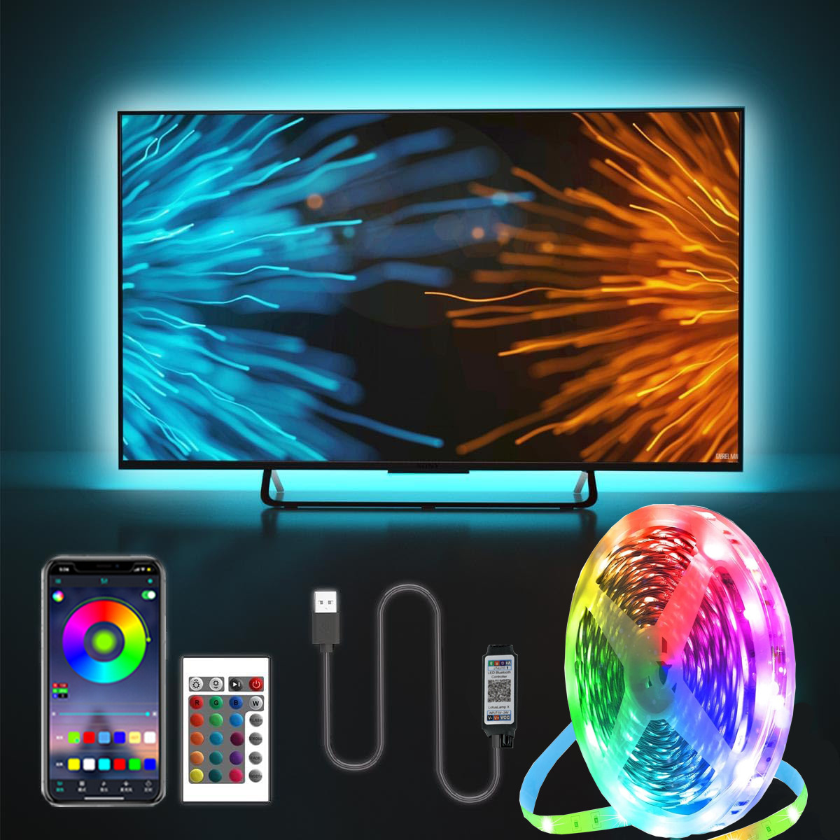 Fernseher mit blauer Hintergrundbeleuchtung, LED-Streifenrolle, Fernbedienung, Controller und Smartphone-App.