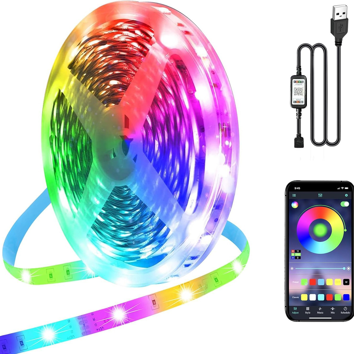 Rolle mit farbigen LED-Lichtbändern, USB-Kabel und Smartphone mit App.