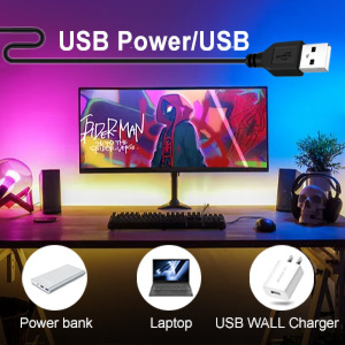 Ein Gaming-Schreibtisch mit Monitor, Tastatur und RGB-Beleuchtung sowie USB-Kabel-Symbolen.