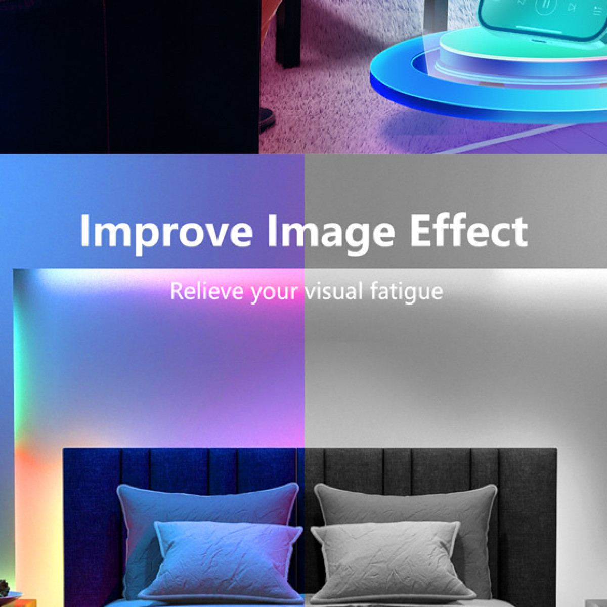 Vergleich zweier Zimmer mit Bett, links mit blauer Beleuchtung, rechts in Grautönen.