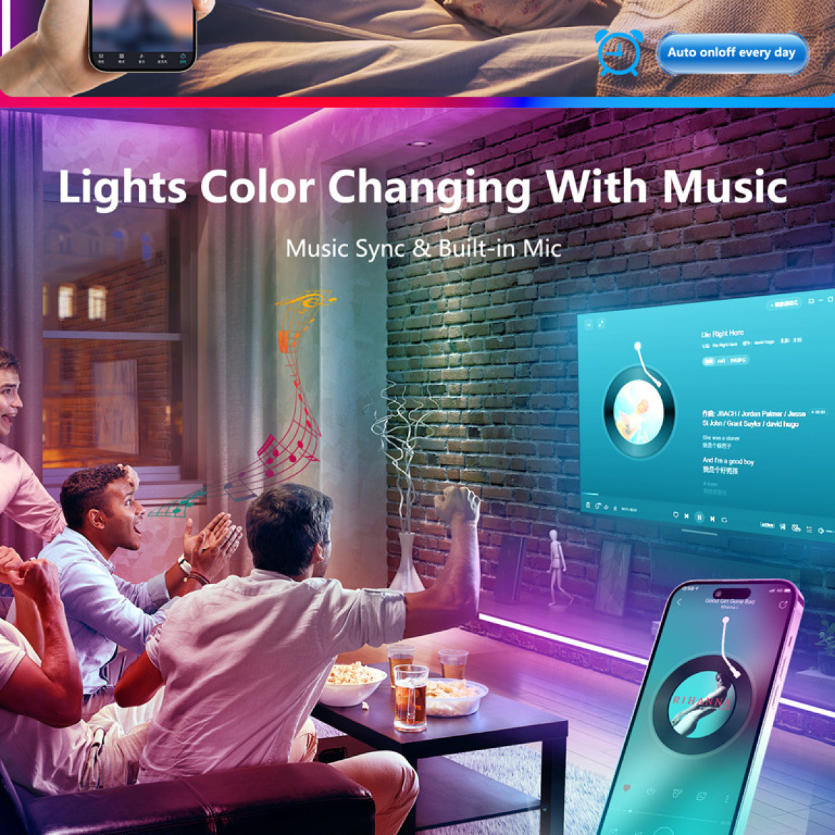 Freunde sehen fern und nutzen farbwechselnde LEDs mit Musik-Sync.