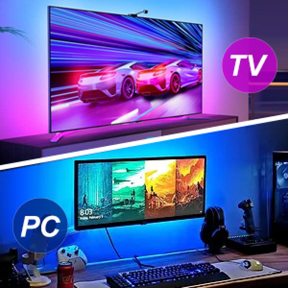 Vergleich zweier Bildschirme: oben ein TV mit Rennspiel, unten ein PC-Monitor mit leuchtender Hintergrundbeleuchtung.