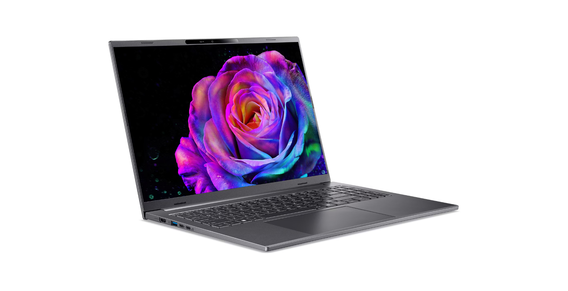 Ein offener grauer Laptop mit einer bunten Rosen-Tapete auf dem Bildschirm vor weißem Hintergrund.