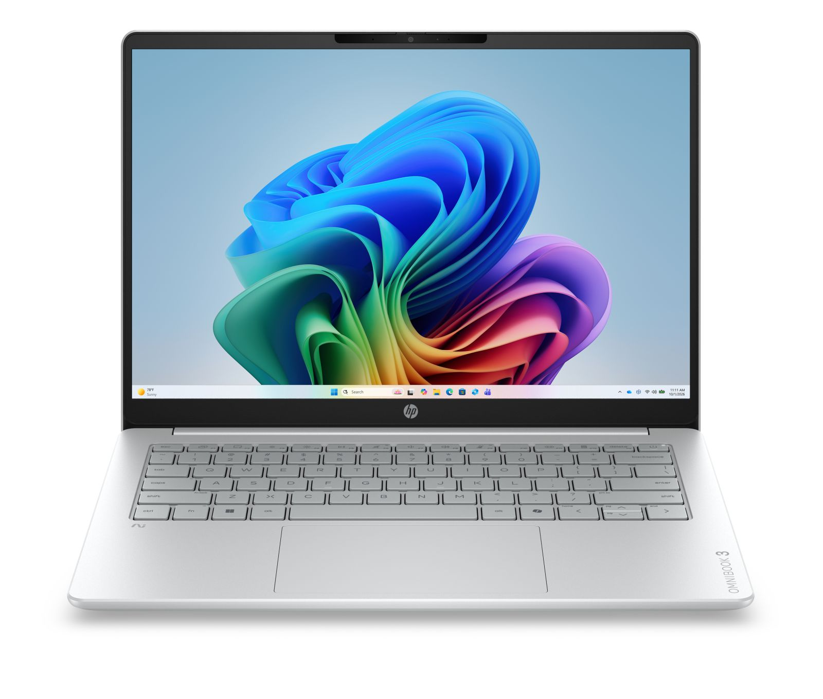 Silberner HP OmniBook 3 Laptop mit buntem, abstrakten Hintergrund auf dem Bildschirm.