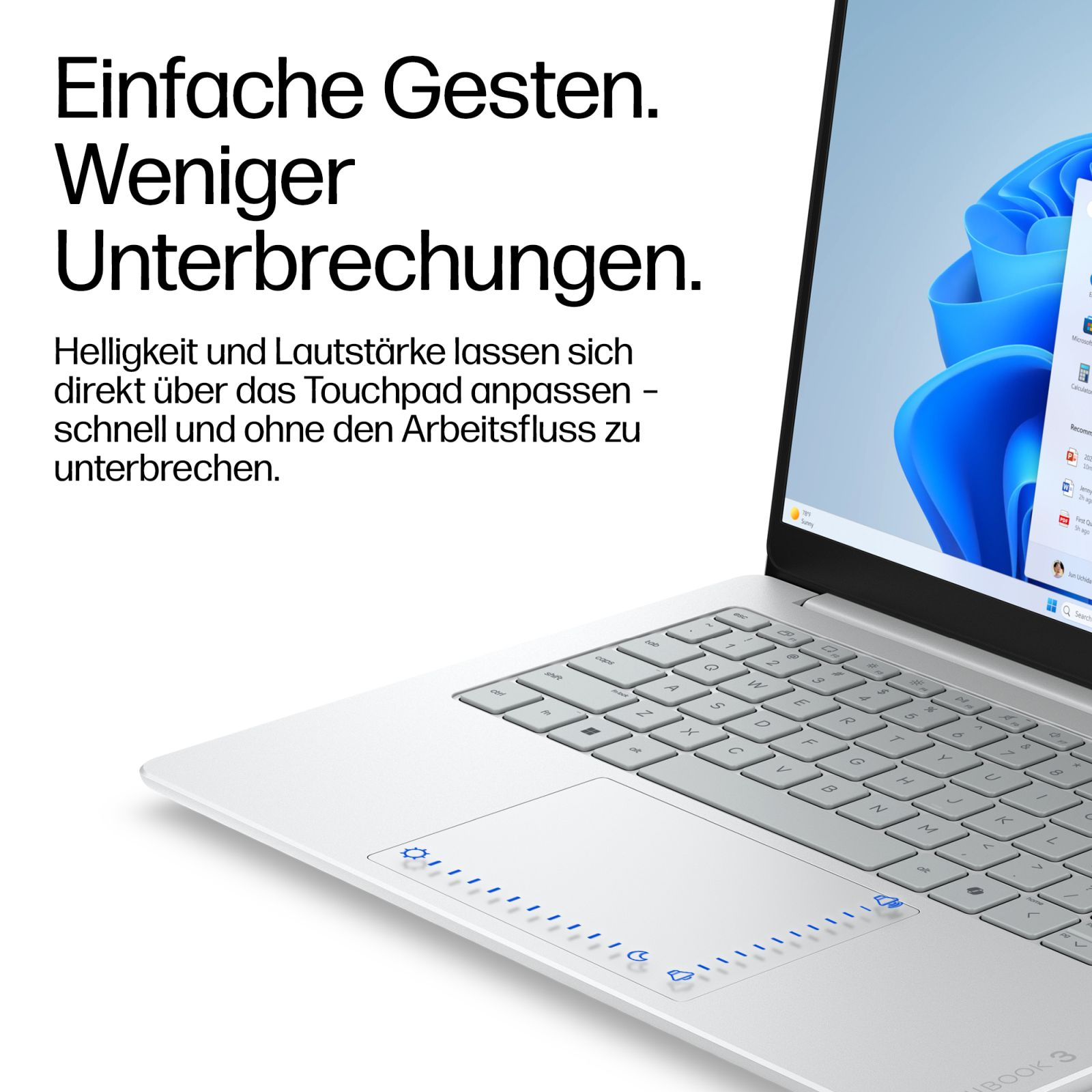 Laptop mit Touchpad für Helligkeit und Lautstärke, daneben deutscher Werbetext.