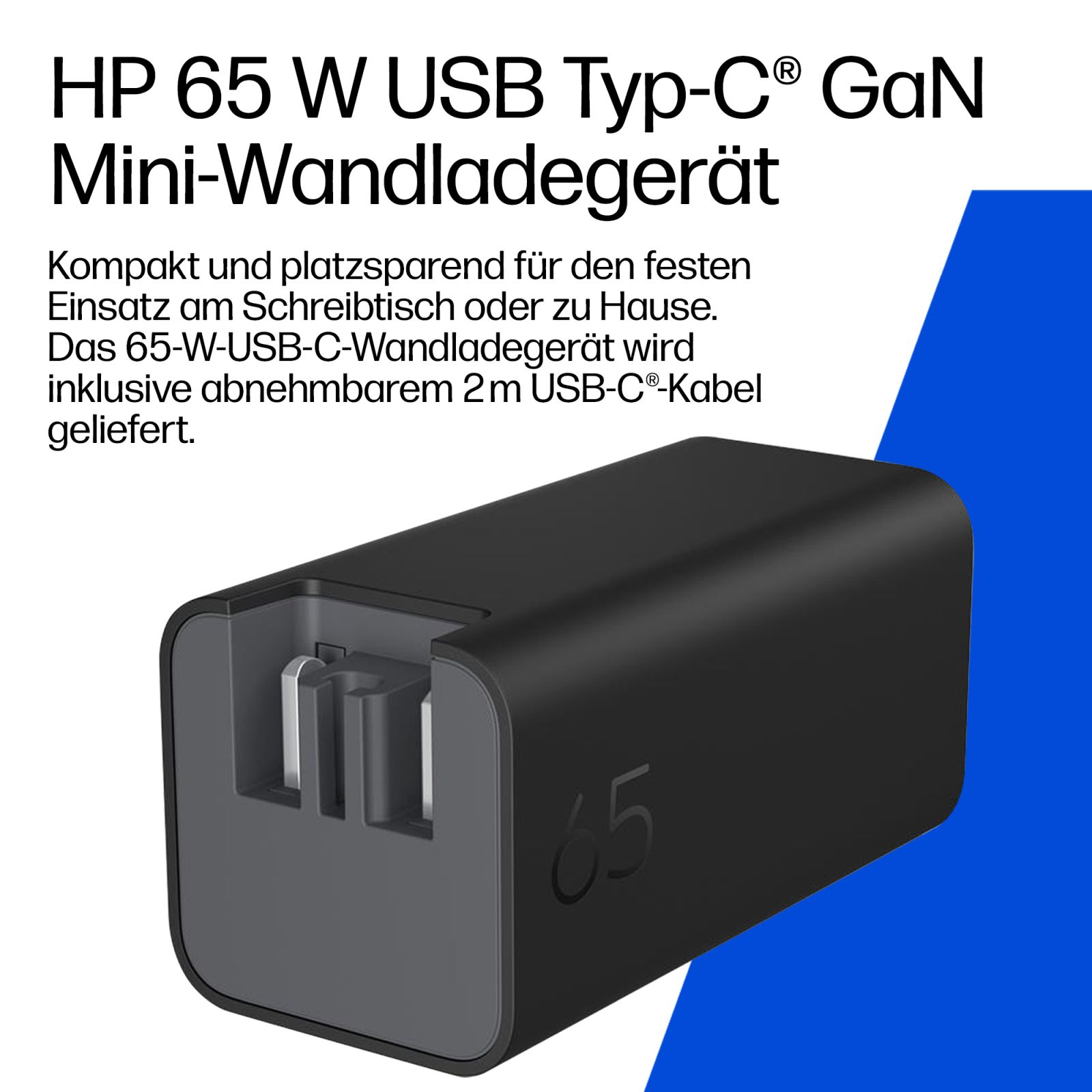 Ein schwarzes HP 65W USB-C Wandladegerät mit klappbaren Stiften.