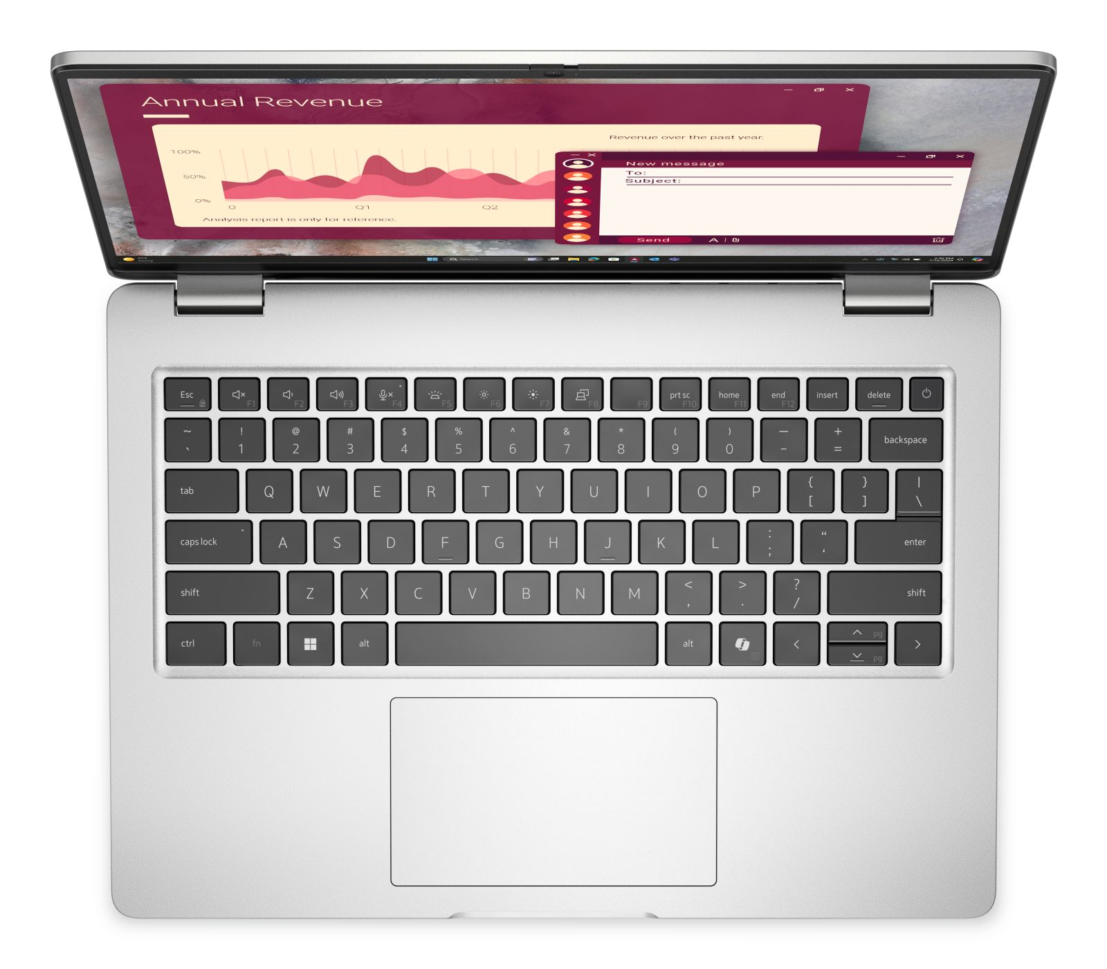 Silberner Laptop von oben mit geöffnetem Bildschirm zeigt ein Diagramm und eine E-Mail-Nachricht.