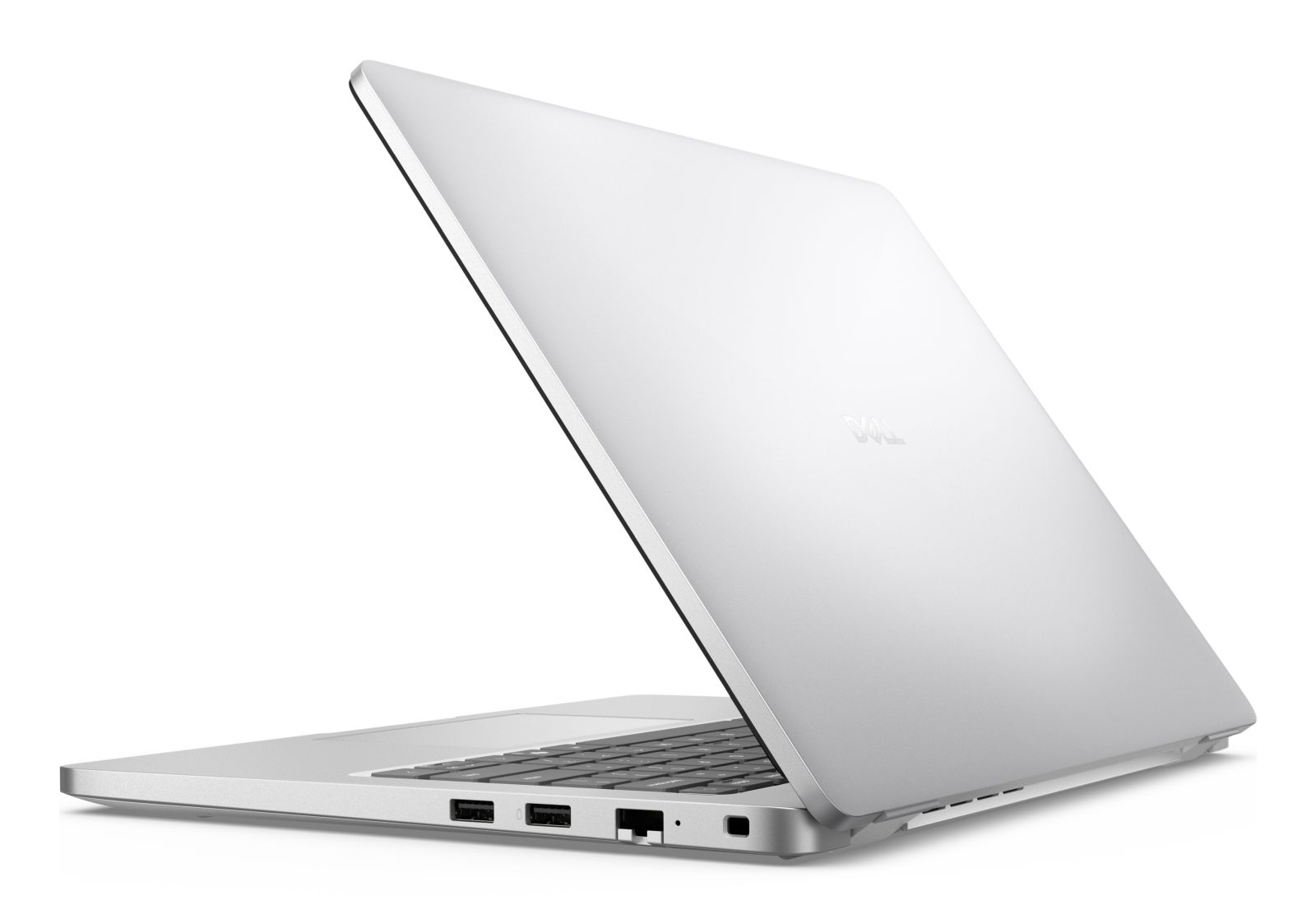 Ein silberner Dell-Laptop auf weißem Hintergrund, seitlich hinten fotografiert.