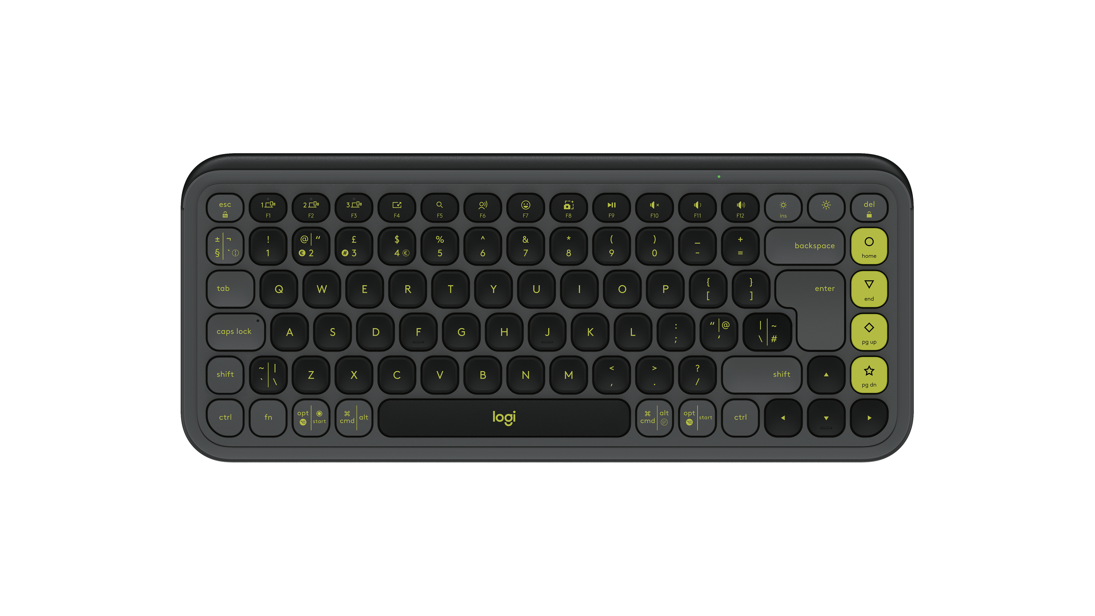 Tastiera wireless nera Logitech con tasti rotondi e accenti gialli.