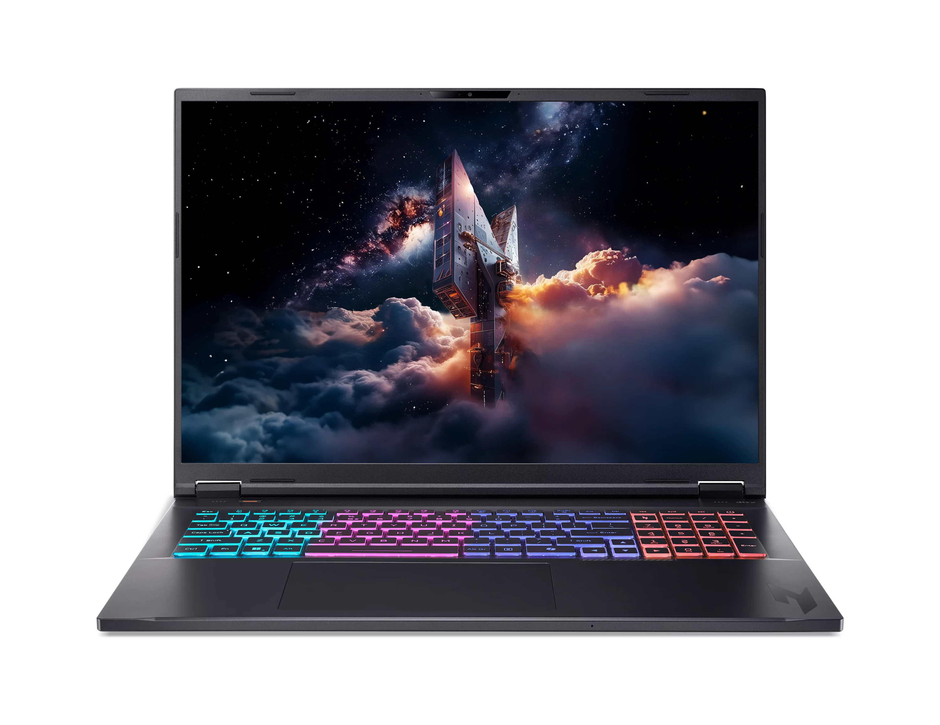 Ein schwarzer Gaming-Laptop mit bunter Tastaturbeleuchtung und einem Weltraummotiv auf dem Bildschirm.