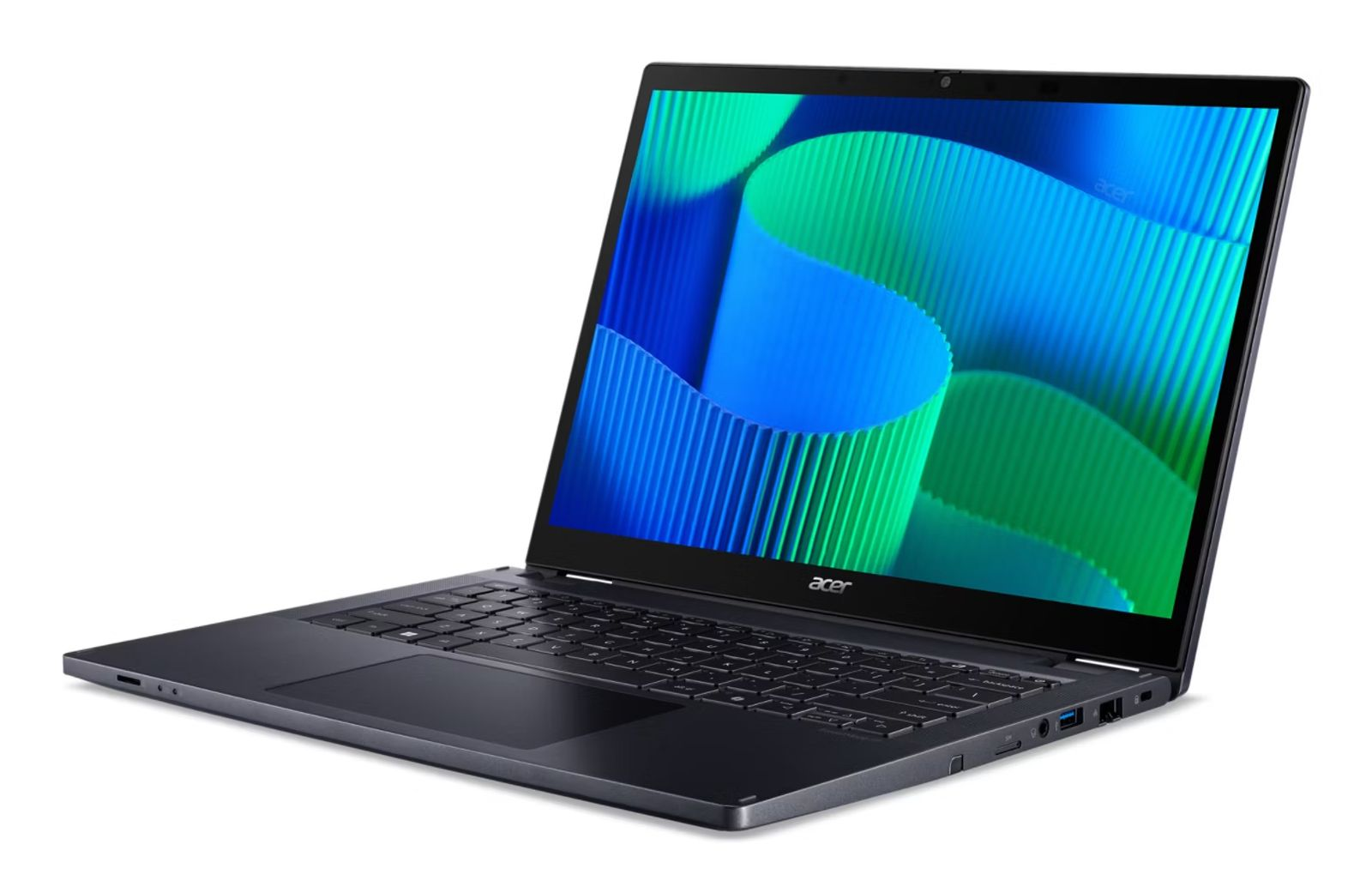 Ein offener, dunkelgrauer Acer Laptop mit einem farbenfrohen blauen und grünen Bildschirmhintergrund.